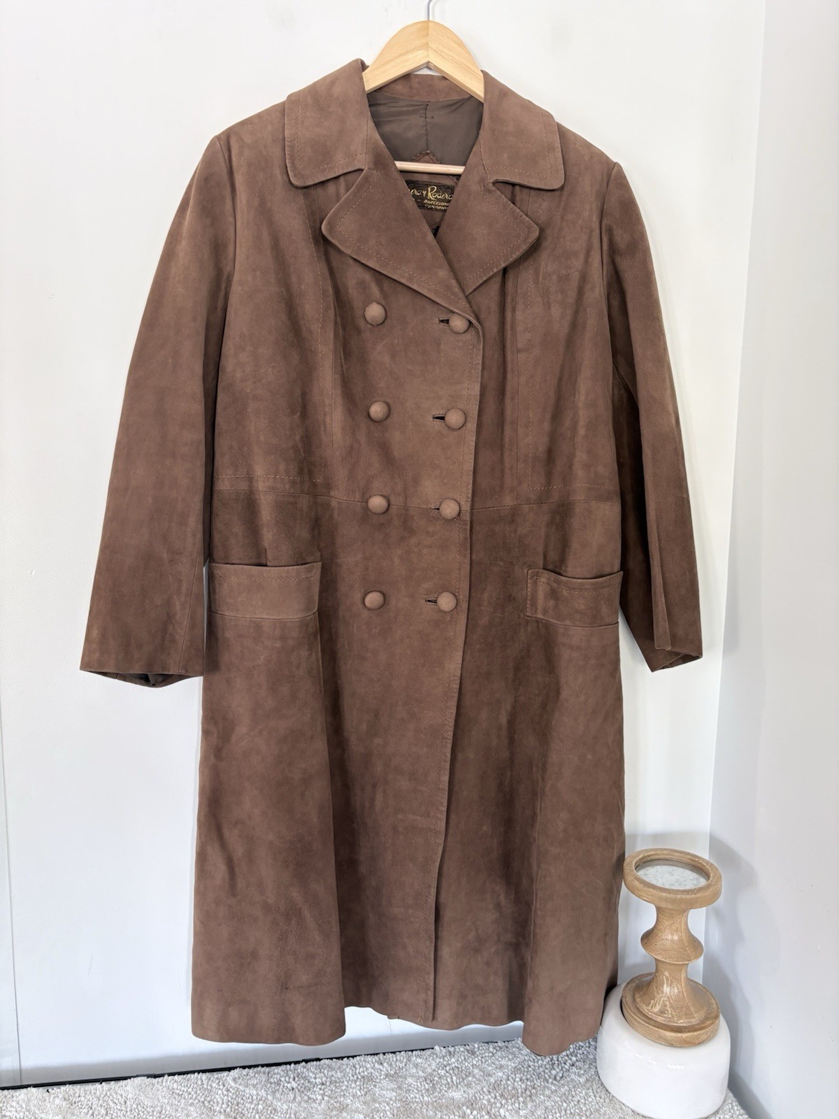 Vintage HERRERO Y RODERO Suede Leather Long Coat Button Sz L 60s 70s Barcelona
