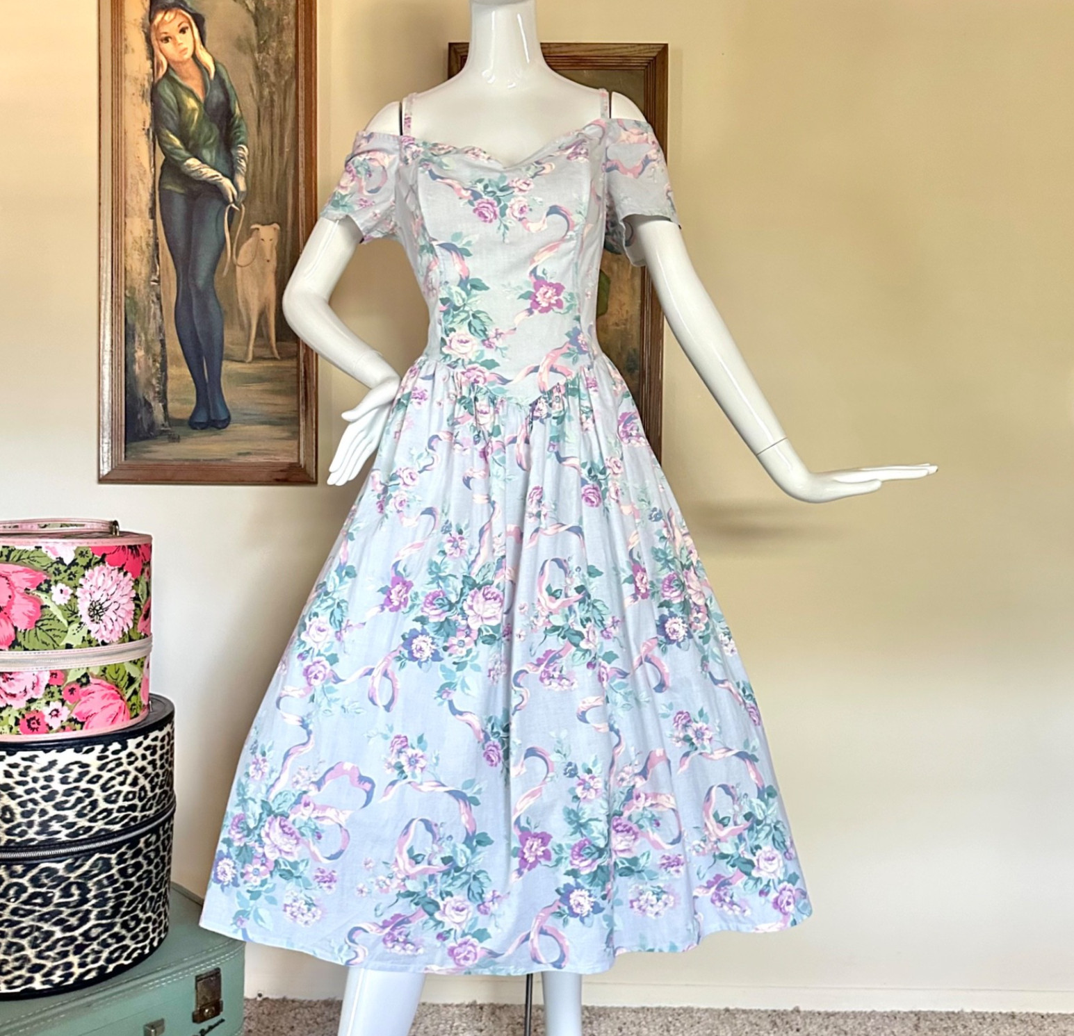 Vtg 1980s Off-Shoulder Baroque Floral Print Fit Party Dress Cottagecore L Volup