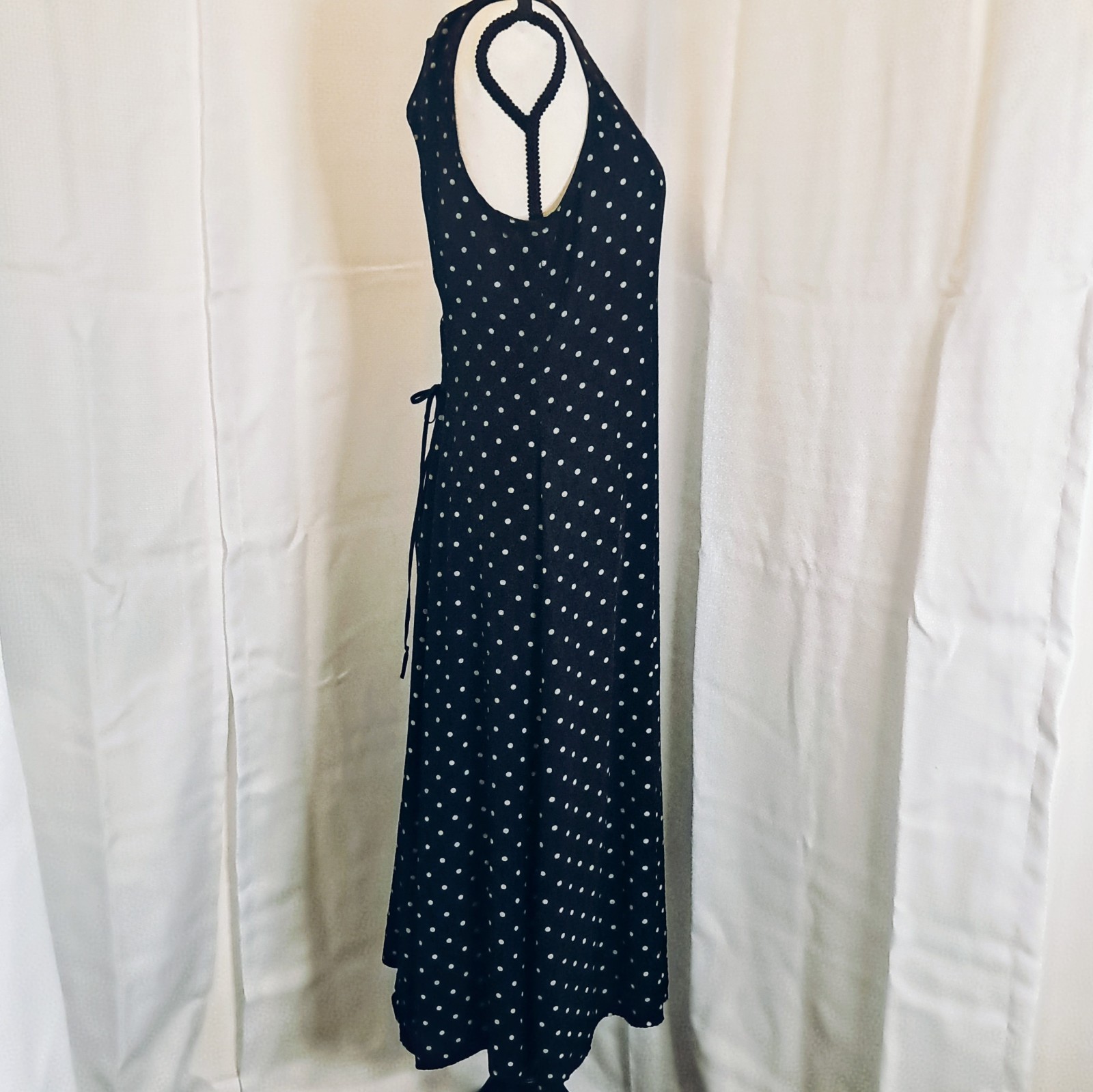 Vtg 90s Casual Corner Black Cream Polkadot Midi Dress Corset-Style Back 11/12