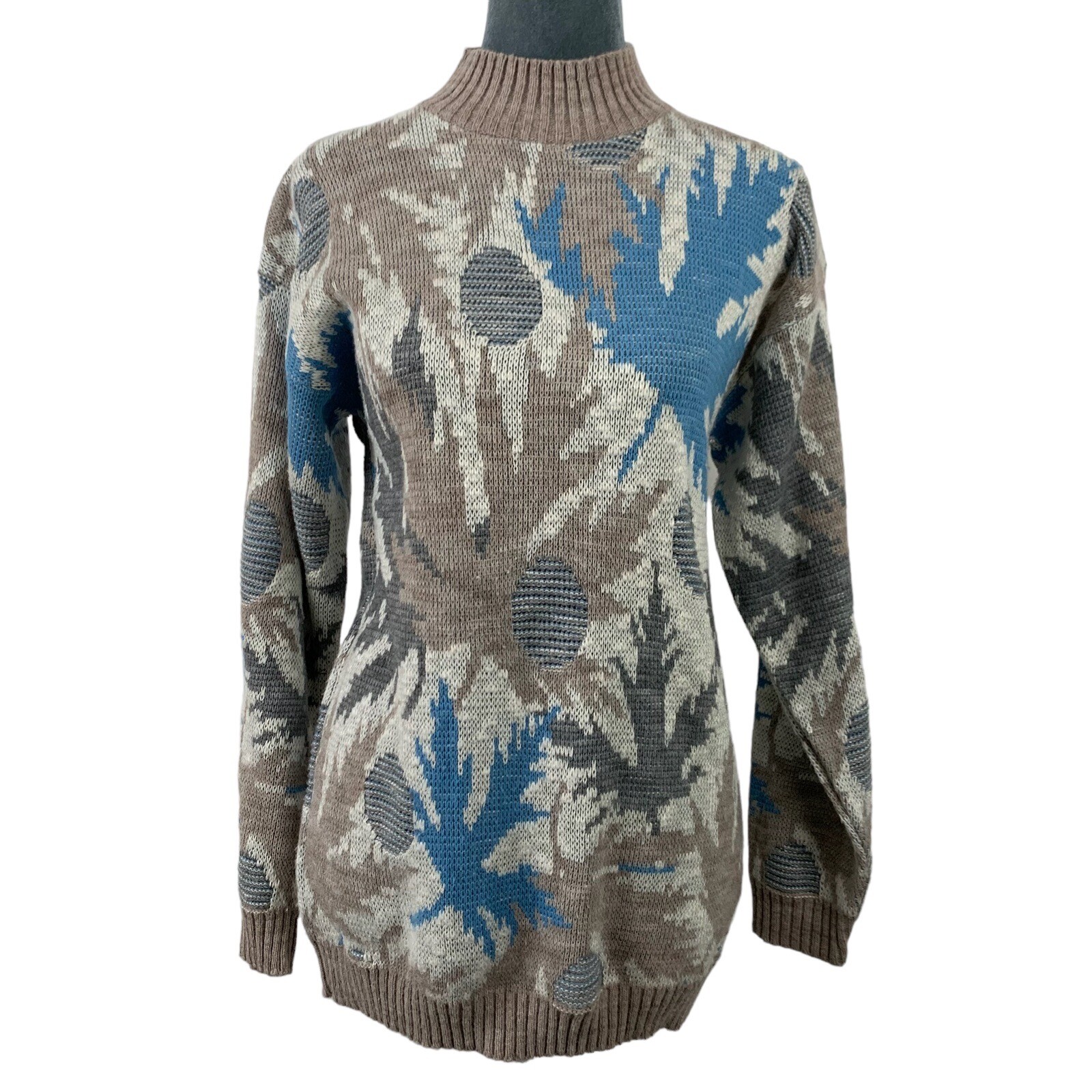Vintage 70s Keneth Too! Womens Medium Mock Neck Leaf Sweater Brown Blue USA Made