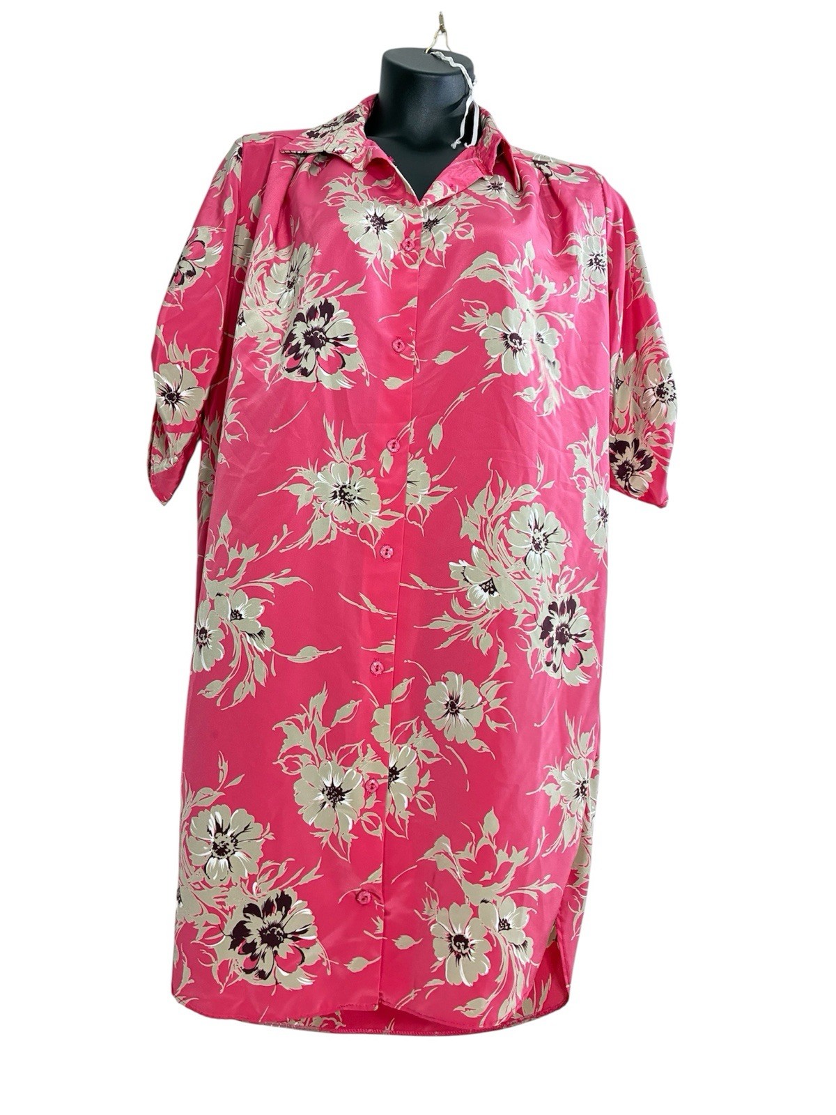 Vintage Silky Shirt Dress Size 14 Pink Floral Roll Tab Sleeves Made In Britain