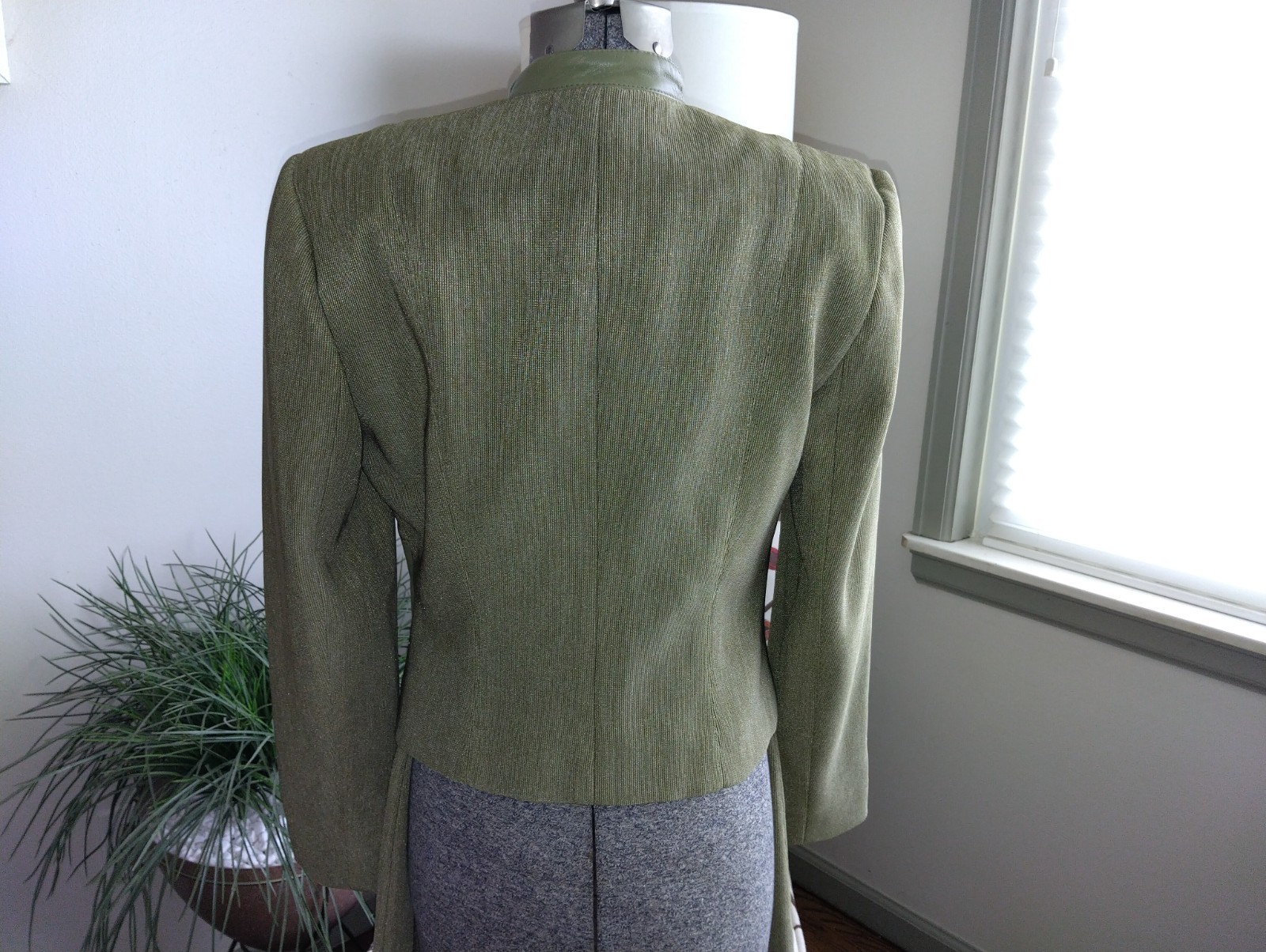 1980s Alberto Makali Skirt Suit Size 8 Olive Green Leather Trim USA Made