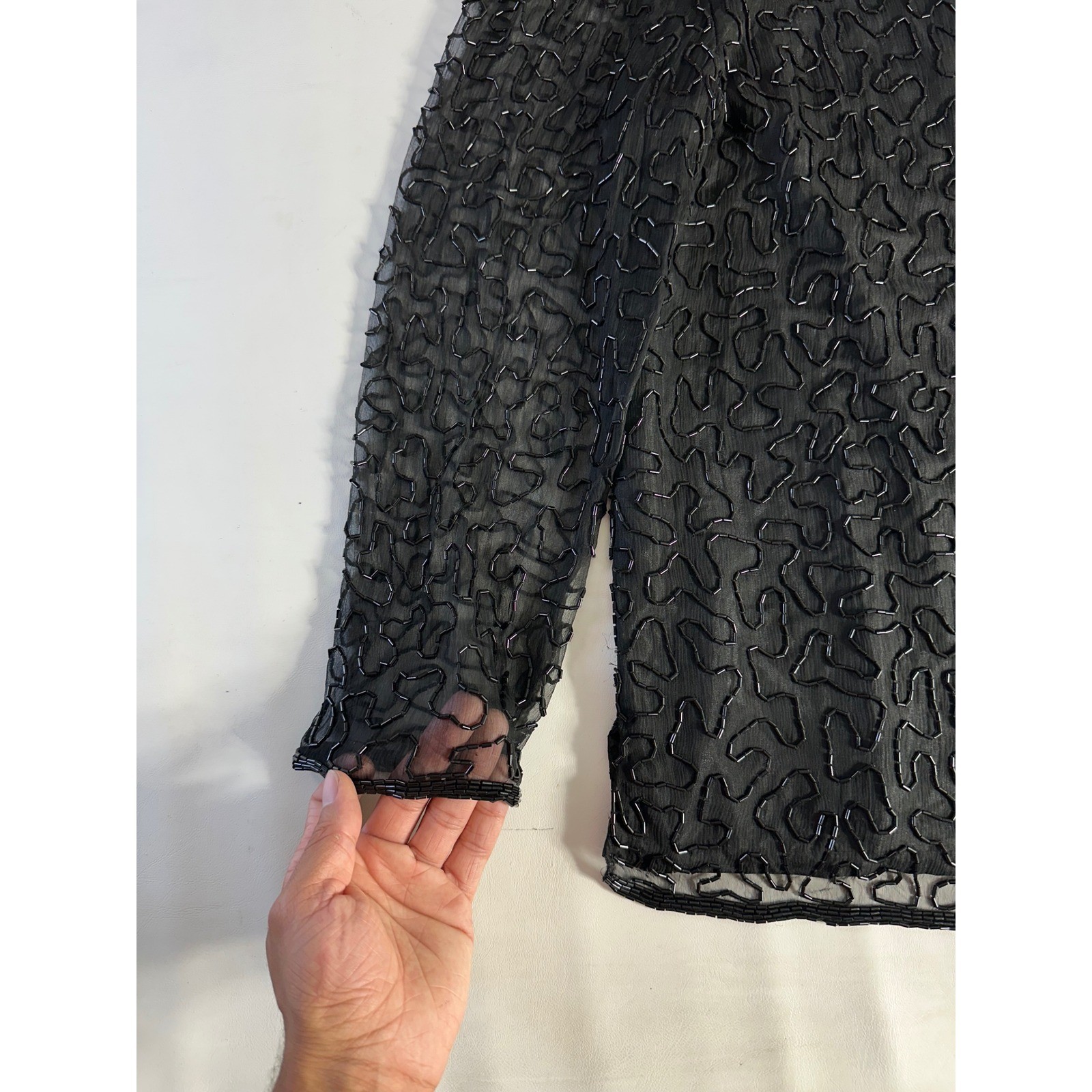 Sweelo Vintage Black Beaded Silk Top Sheer Long Sleeve Evening Blouse Small 6-8