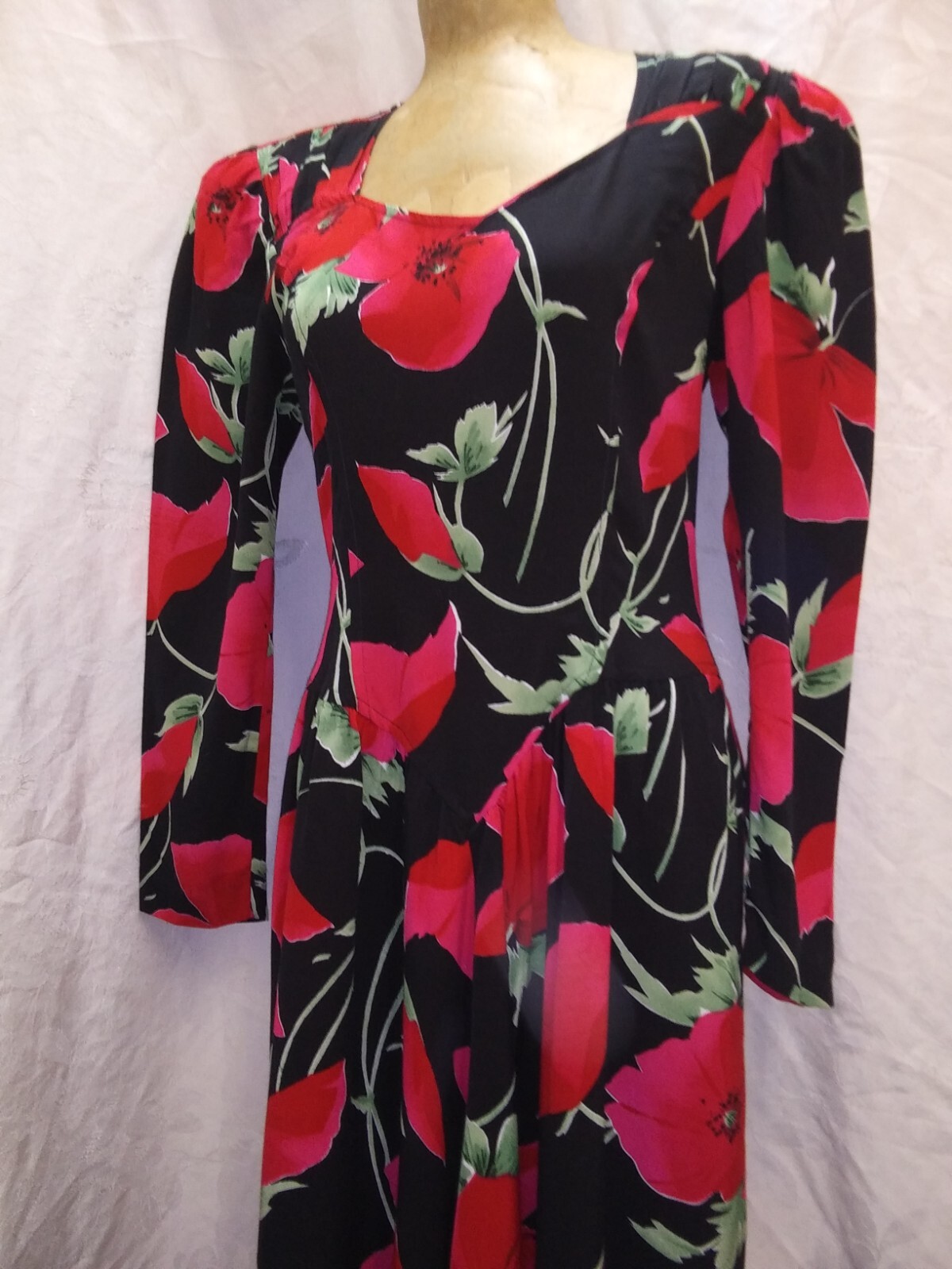 Vintage 1980’s Black Red Green Rayon Dress by Carol Anderson Small
