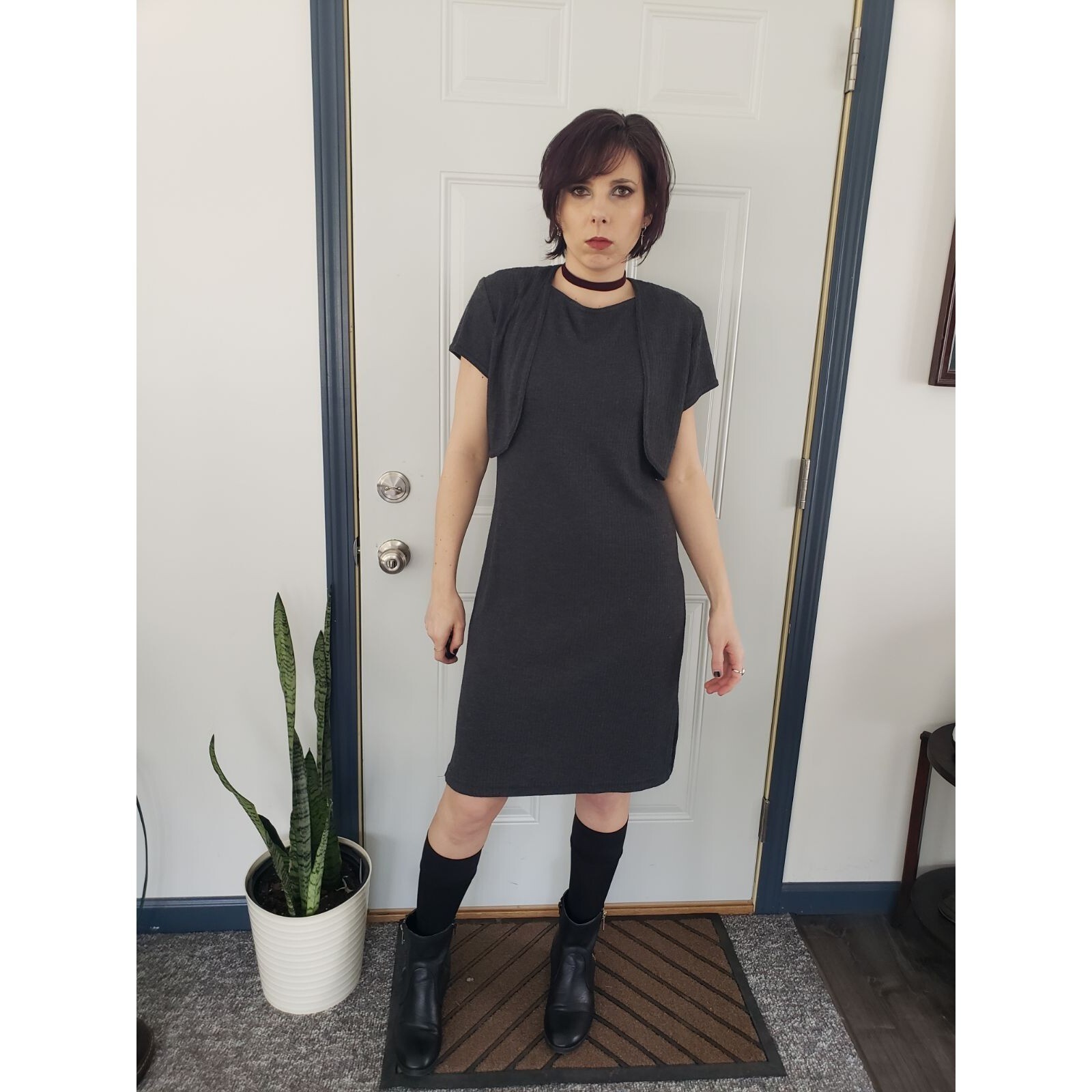 Vintage 90s Gray Ribbed Dress with Cardigan