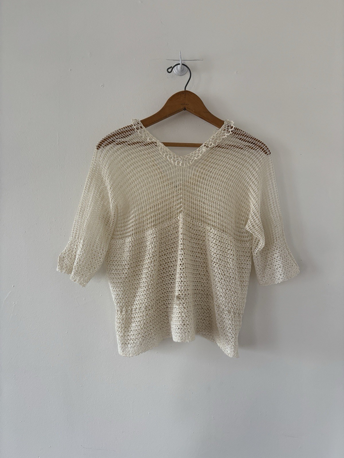 Antique Edwardian 1910s 1920s Ecru Rayon Crochet Knit Top/Sweater Ruffle Edging
