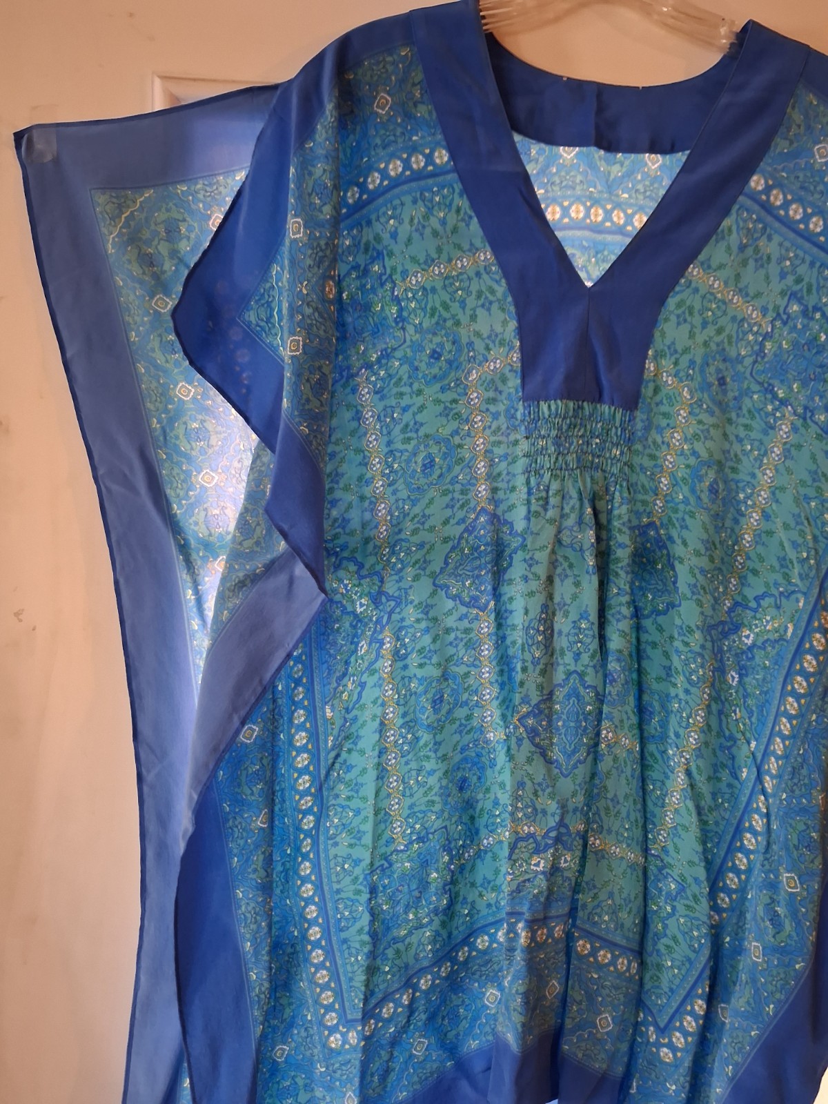 Vintage Silk Short Caftan , Blues, Slip Over, Sz L