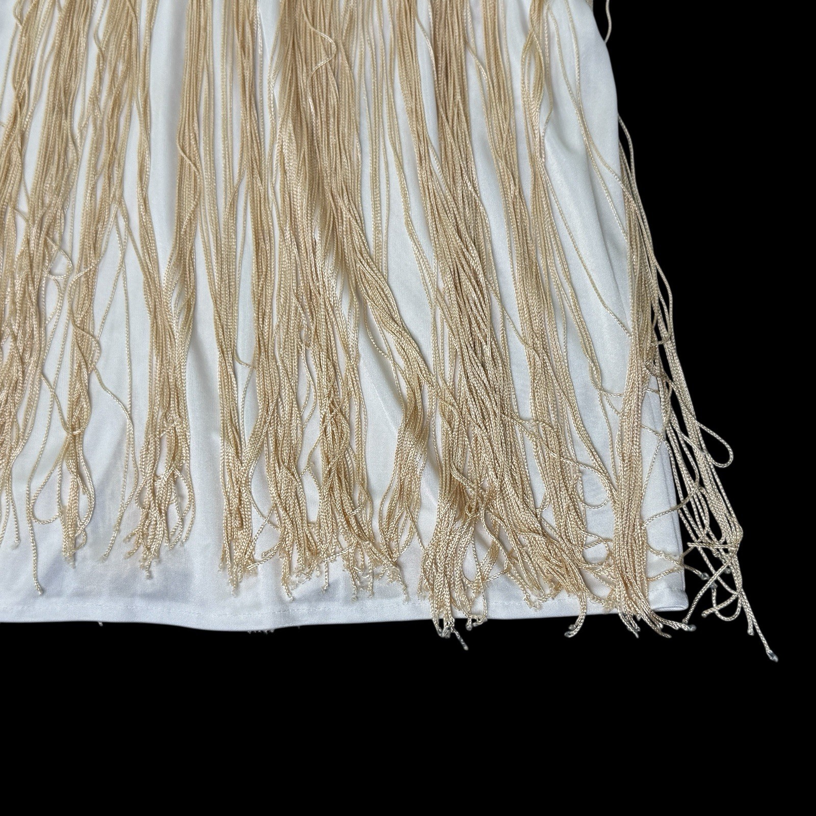 Vintage Filigree California Disco Fringe Cocktail Dress White Gold VNeck Sz 14