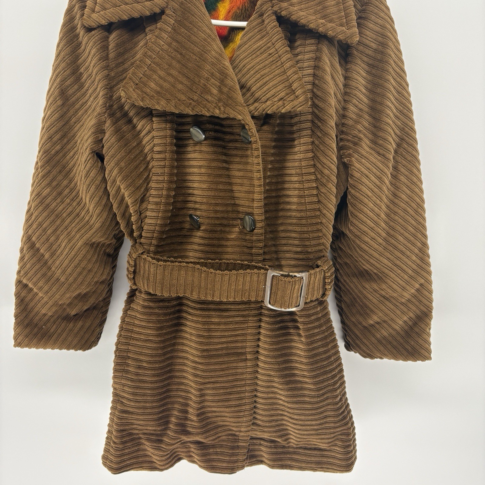 Vintage Sears Double Breasted Corduroy Jacket Belted Mid Length Hippy Women XL