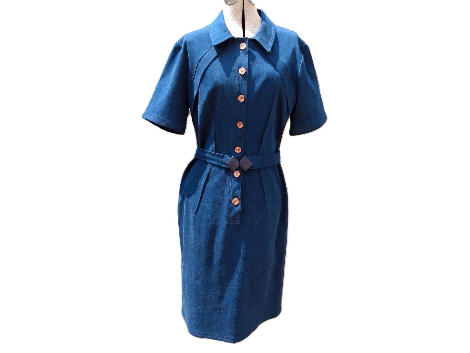 Vintage Denim Jean Dress Handmade Fitted Shirtdress 38″B 31″W 90s Retro