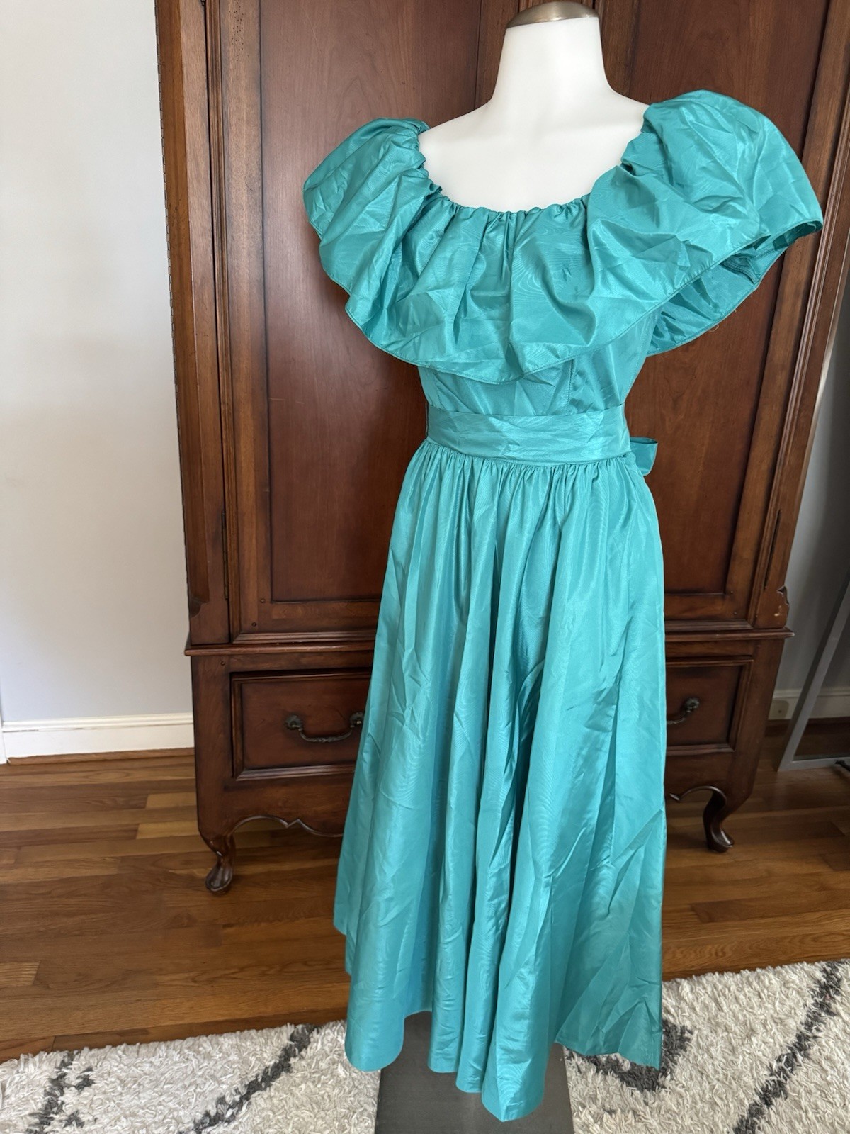 Vintage Lamz Originals Dress Turquoise Sz 4 Off Shoulder Ruffle Party Gown 80s