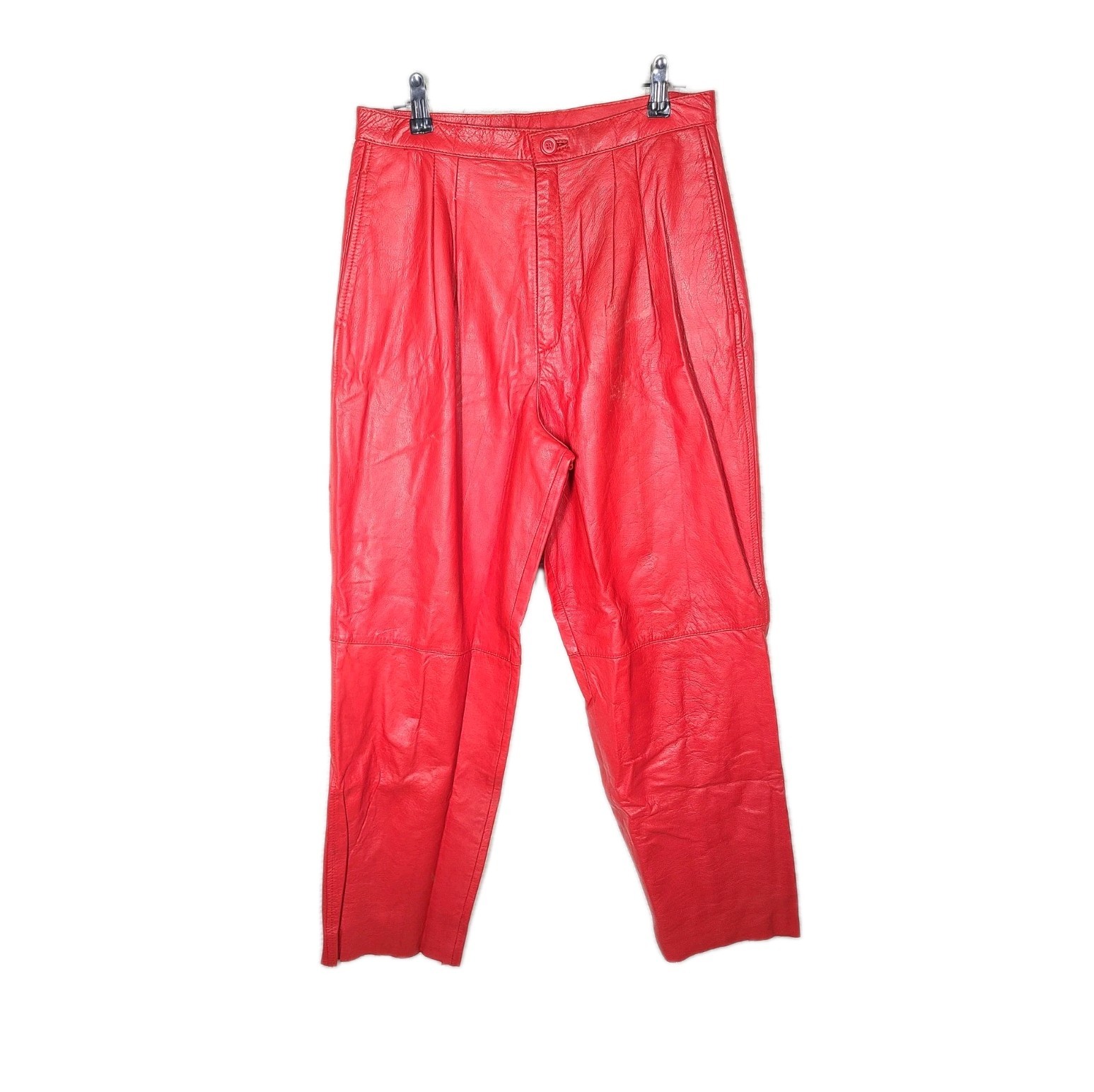 Vtg 80s Red Leather Pants Pleated High Waist 13/14 Mom Jeans Genuine Raw Hem