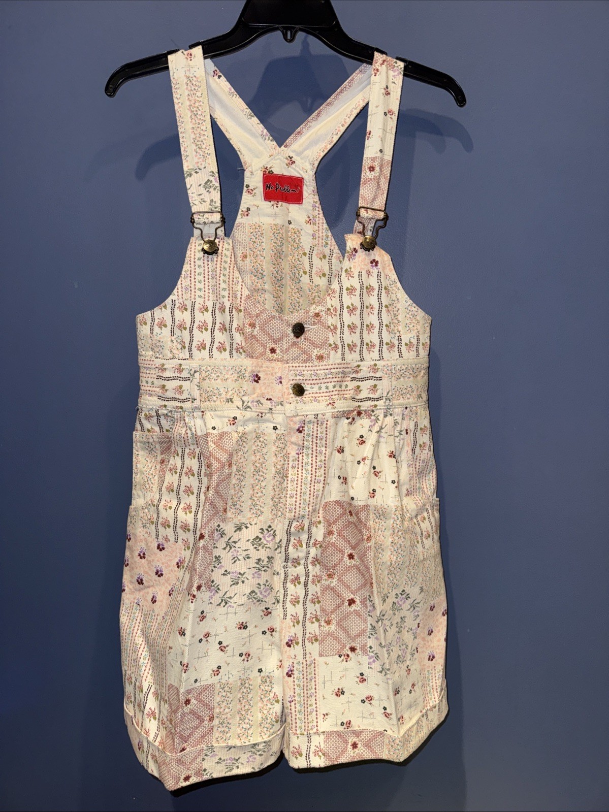 13/14 Denim Short Bibs, Vintage 1970 No Problem White Floral Print Cottage Core
