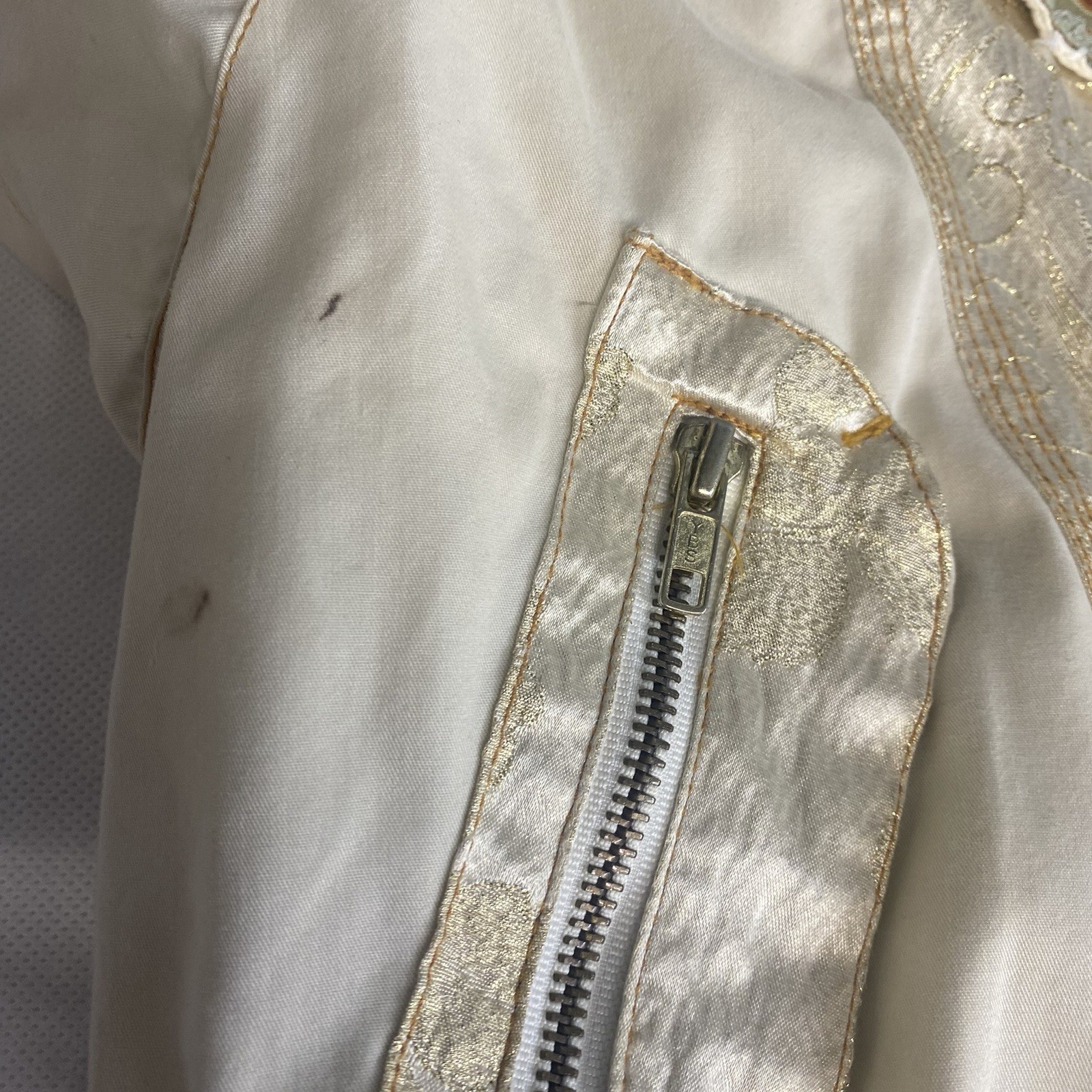 Vtg J. Gallery Puffer Jacket Coat Medium Beige Green Retro Bomber 80s Flaw