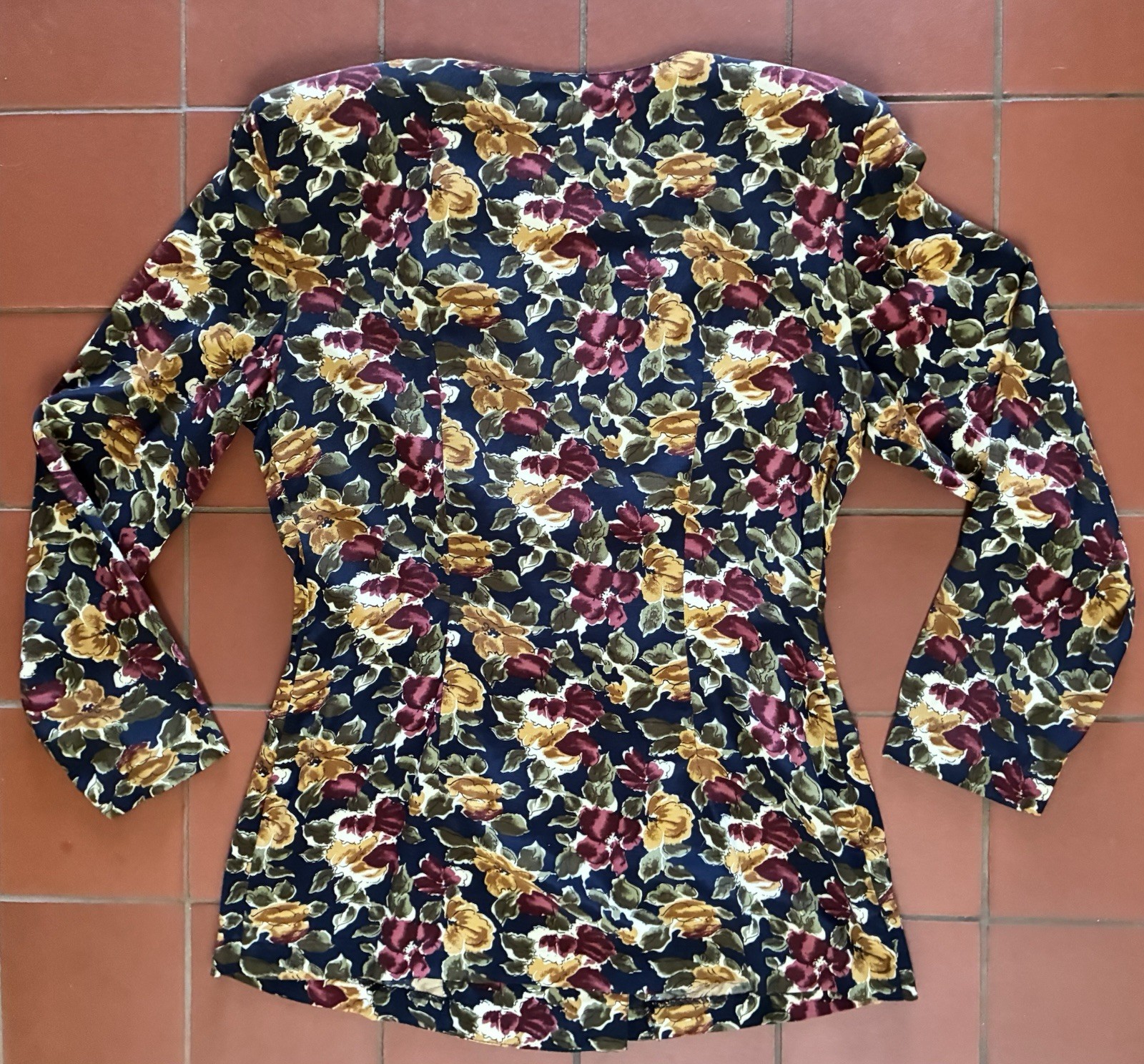 Vintage 90s Wrapper Rayon Navy Floral Double Breasted Jacket Blazer USA Made M