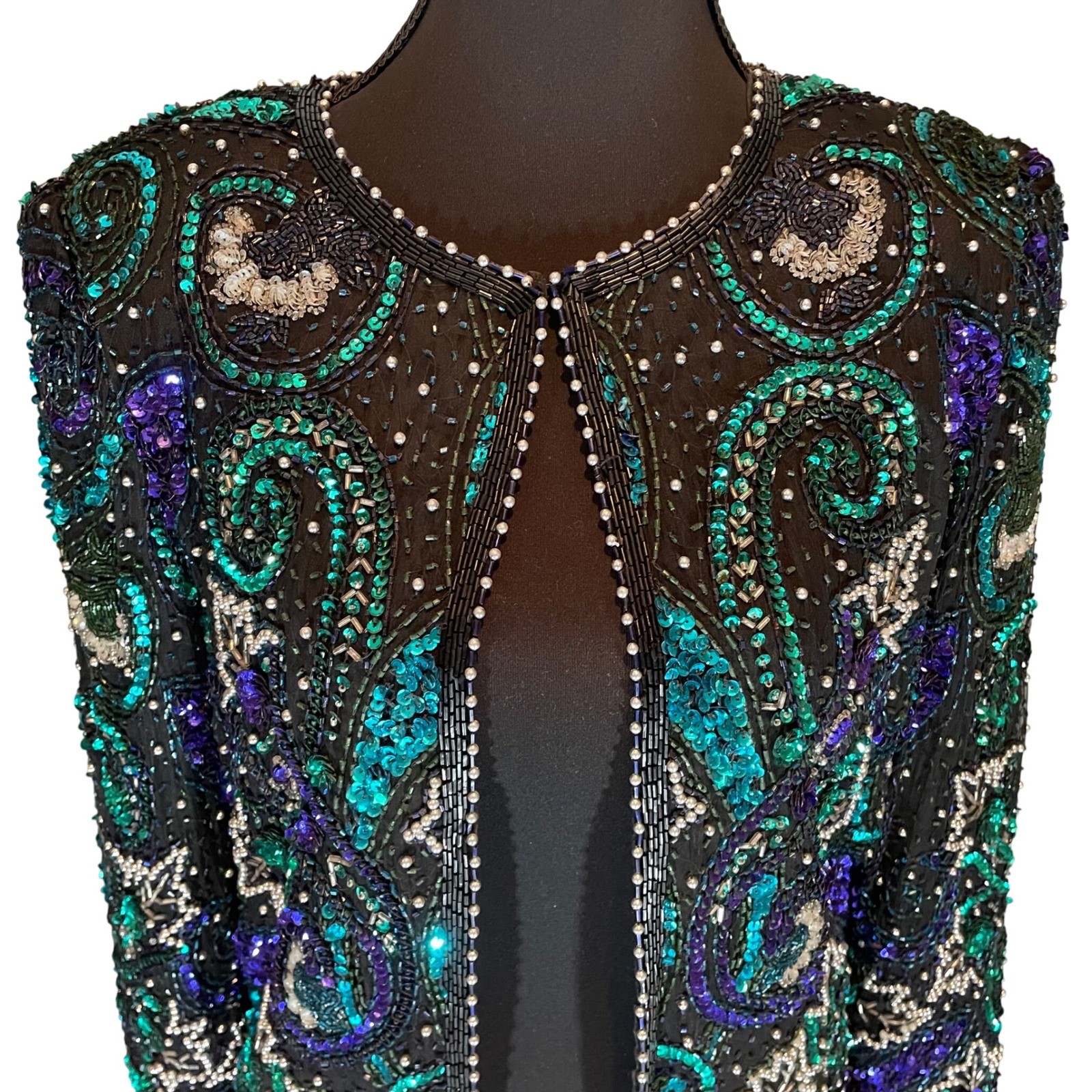 Laurence Kazar VTG Beaded Sequin Silk Paisley Jacket Teal Black PS 80s Glam