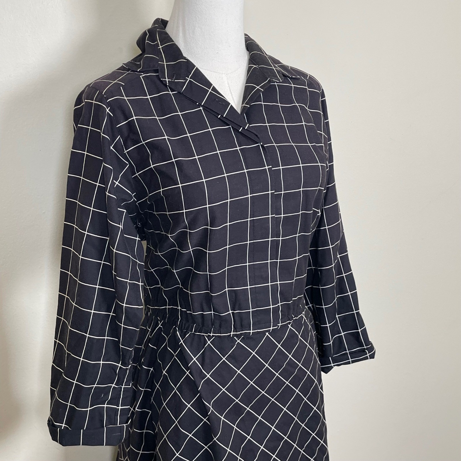 Vintage The Shirtdress Grid Midi Dress Womens 14 Black White Windowpane 70s 80s