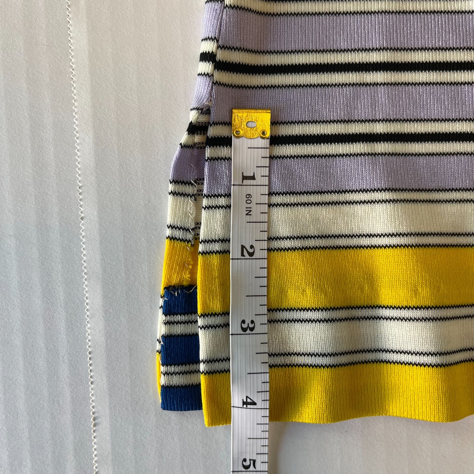 Vintage 60s Aladdin Striped Top Blouse Yellow Blue Purple V-Neck with Waist Tie