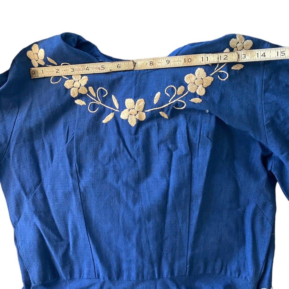 Blue Linen Embroidered Peasant Maxi Dress Sweeping Skirt Small Vintage 1960’s