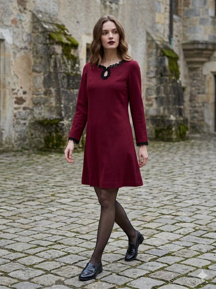 Vintage 1960s Dark Red Wool Mod Shift Dress Black Crochet Lace Cuff Hem 1960s M