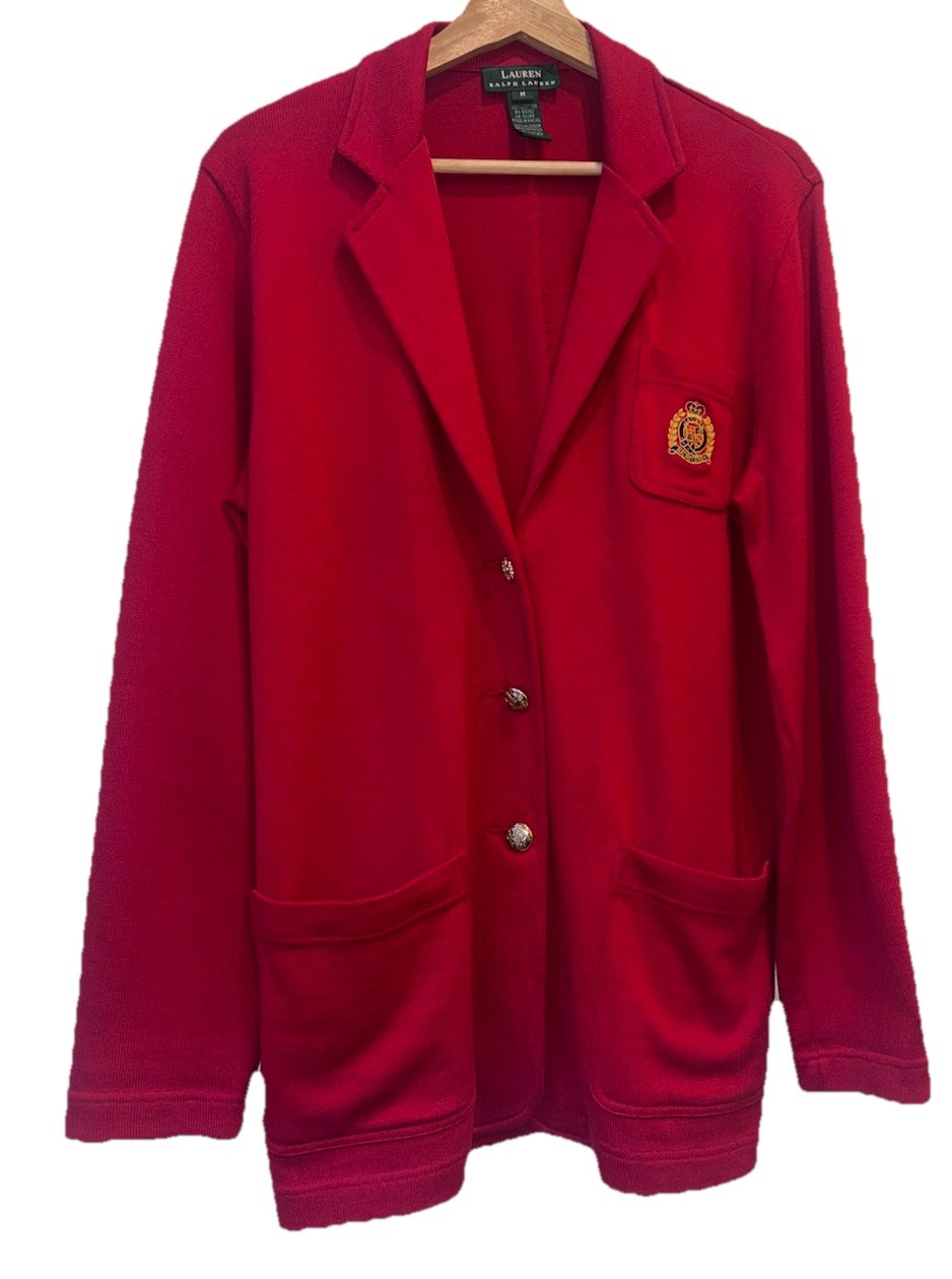 Y2K Red Ralph Lauren VTG Knit Blazer Crest Gold Button Medium 3 Button Cotton