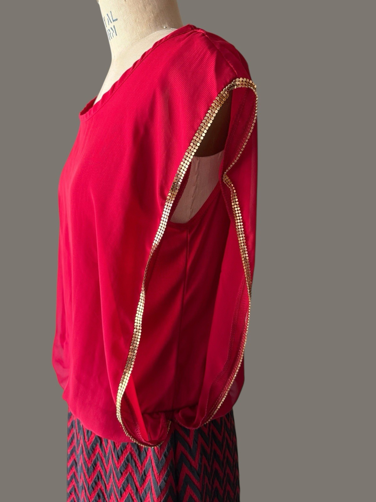 Vintage Celine by Champion Dress Red with Chevron Pattern Gold Trim