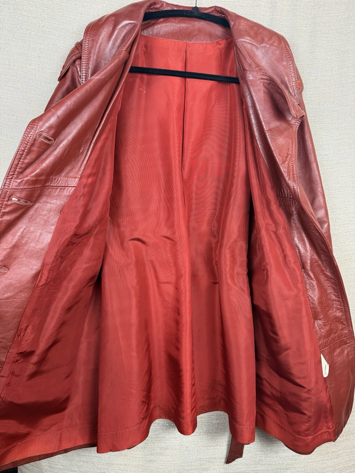 Vintage Cherry Red Leather Jacket Long Belted Mod Trench Coat 1970s Size 10