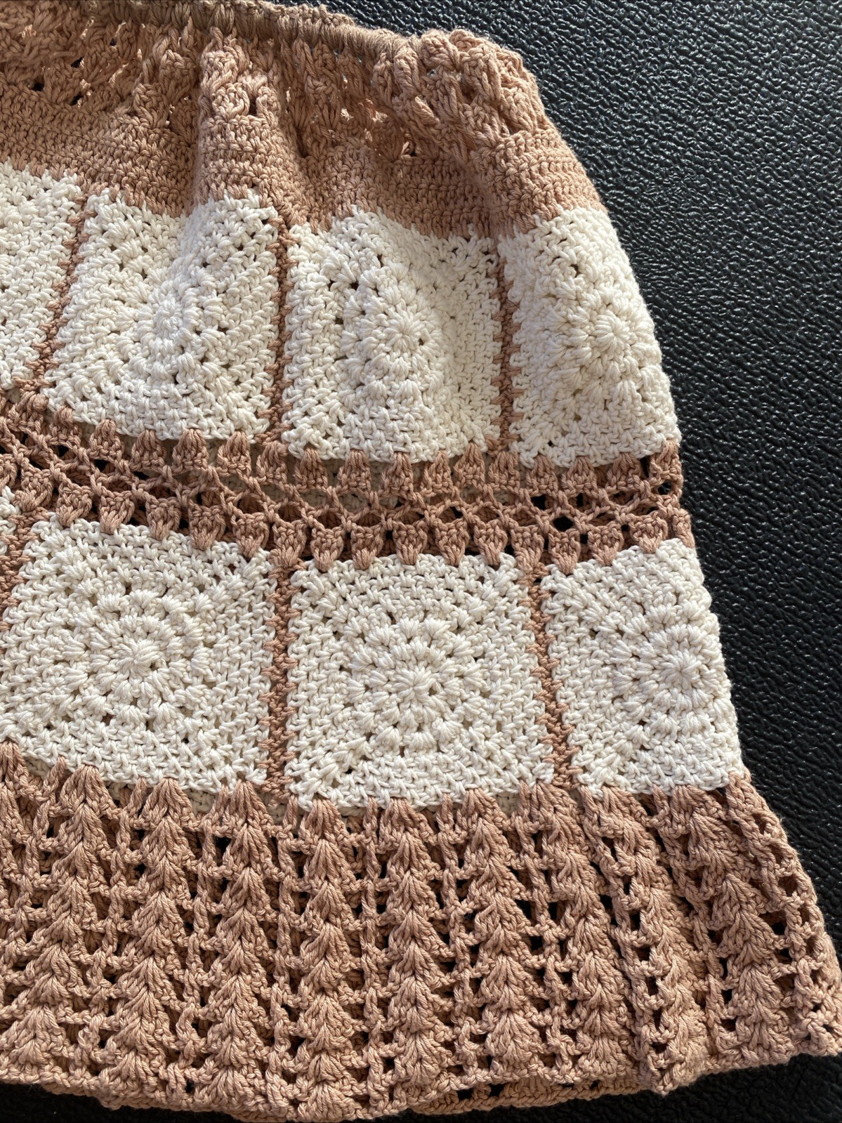 Vintage 60s 70s White And Light Brown/Beige Hand Crocheted Small