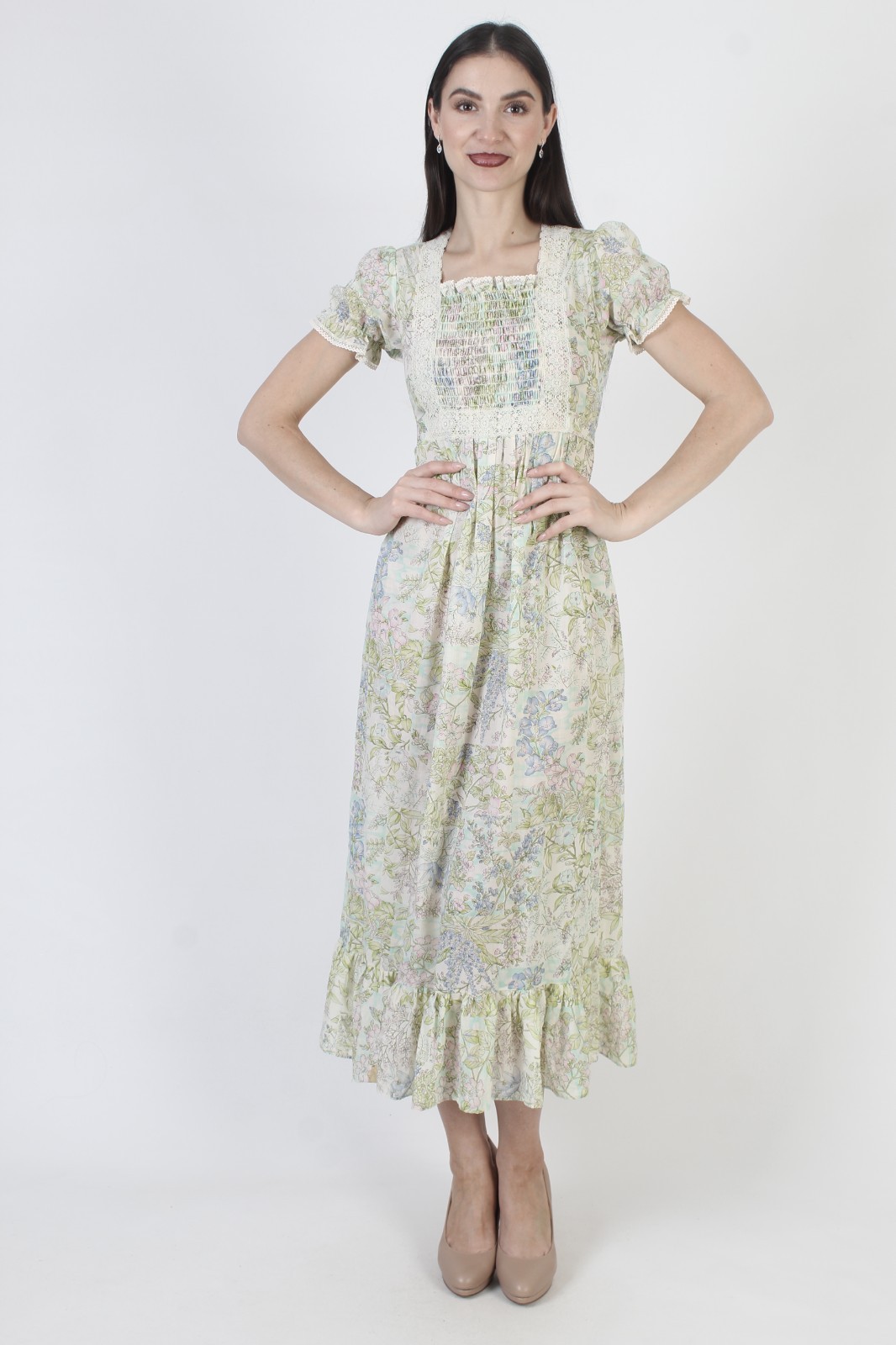 Vtg 70s White Smocked Prairie Dress Pastel Floral Prairie Cottage Boho Sundress