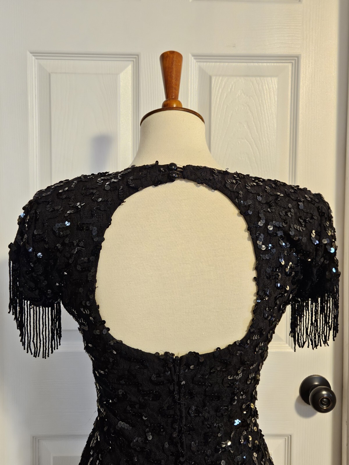 De Laru Vintage 80s Black Sequin Bead Fringe Party Prom Cocktail Dress Size 3/4