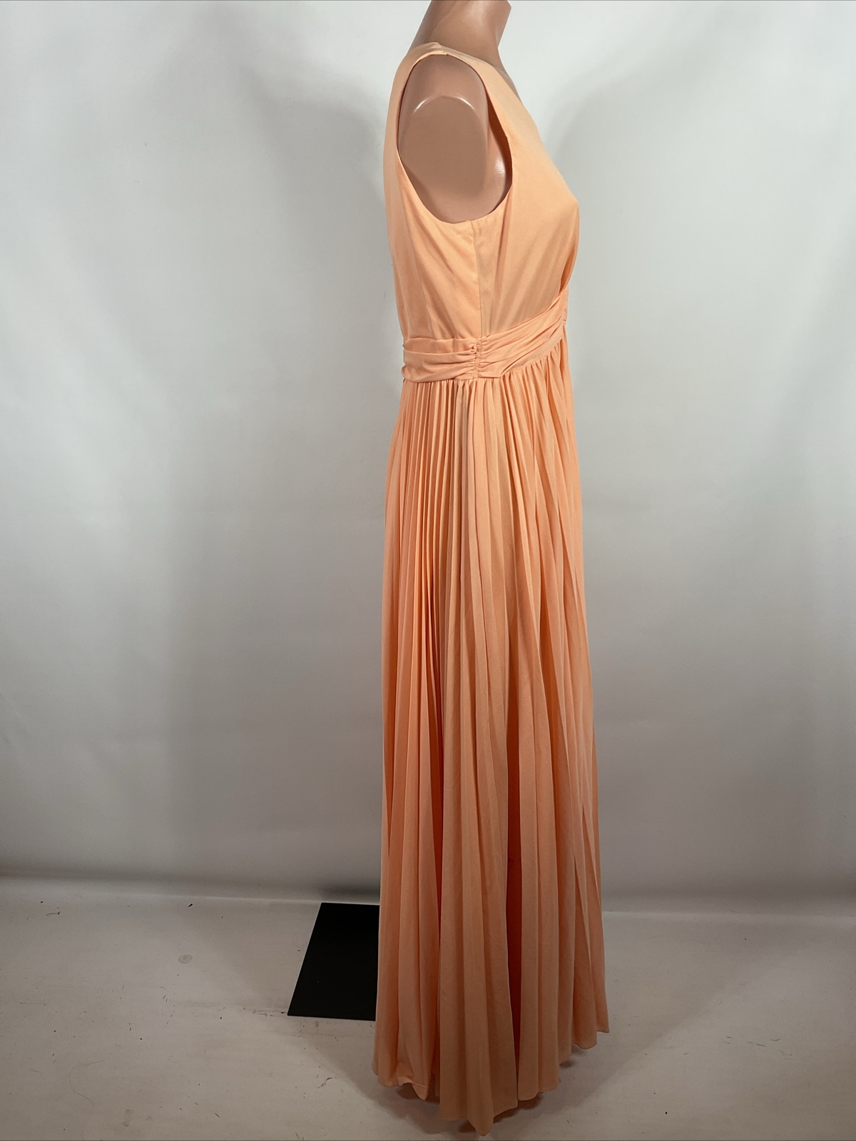 VINTAGE 1970s Peach Chiffon Dress Pleated Fit Flare Maxi Party Evening Gown M/L