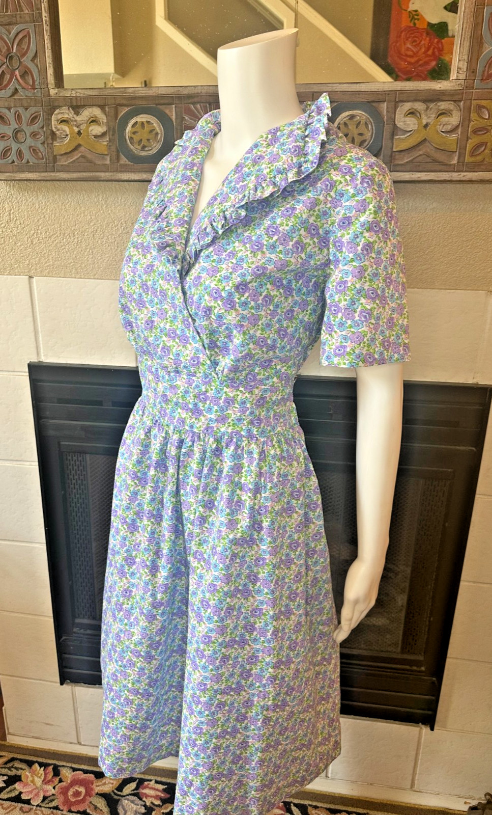 Vtg Lg 1950s Full Skirt Day Dress tea collared Handmade Floral a-line MCM Party