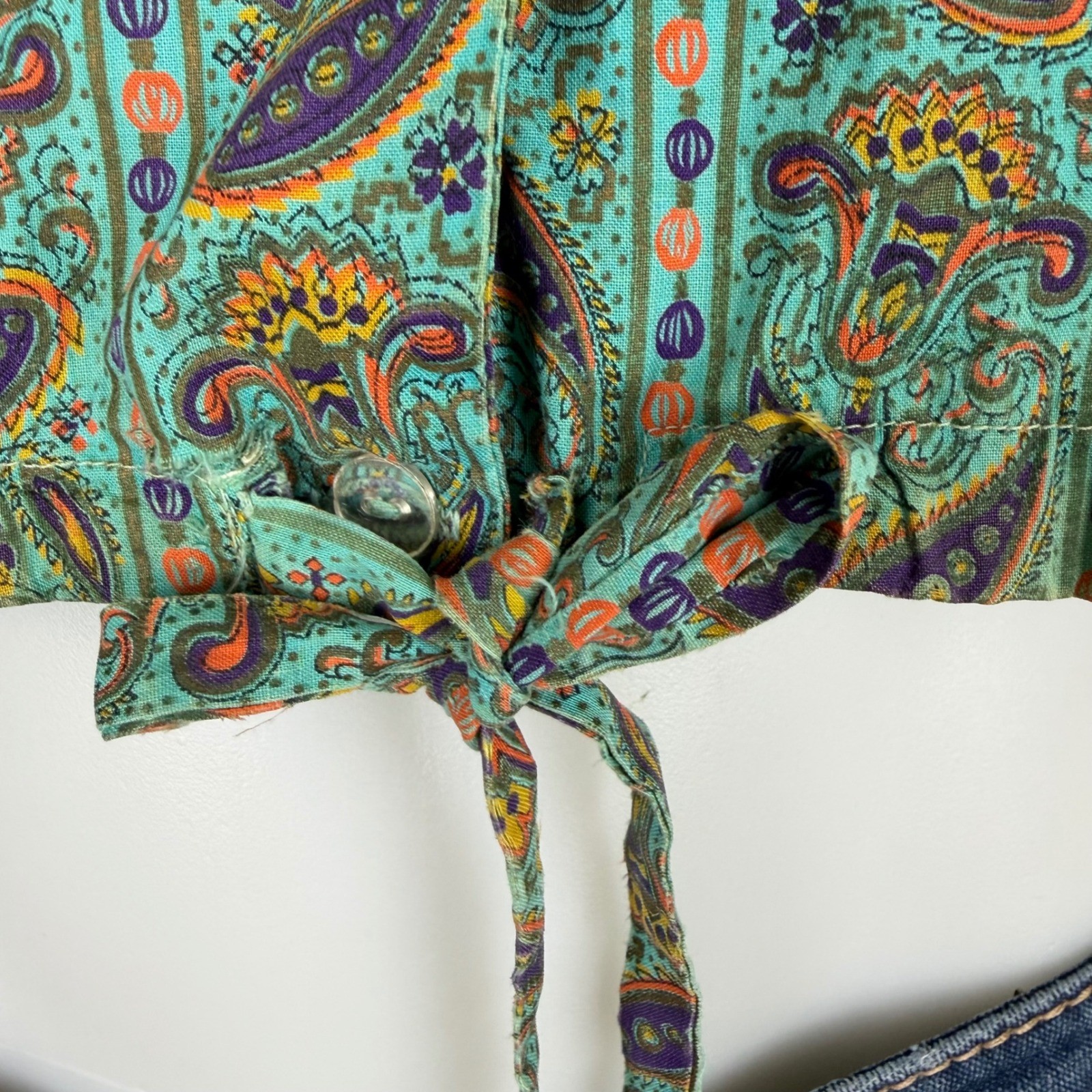 50s 60s Crop Top Teal Paisley 3/4 Sleeve Tie Hem Sz 32 DISTRESSED AS IS