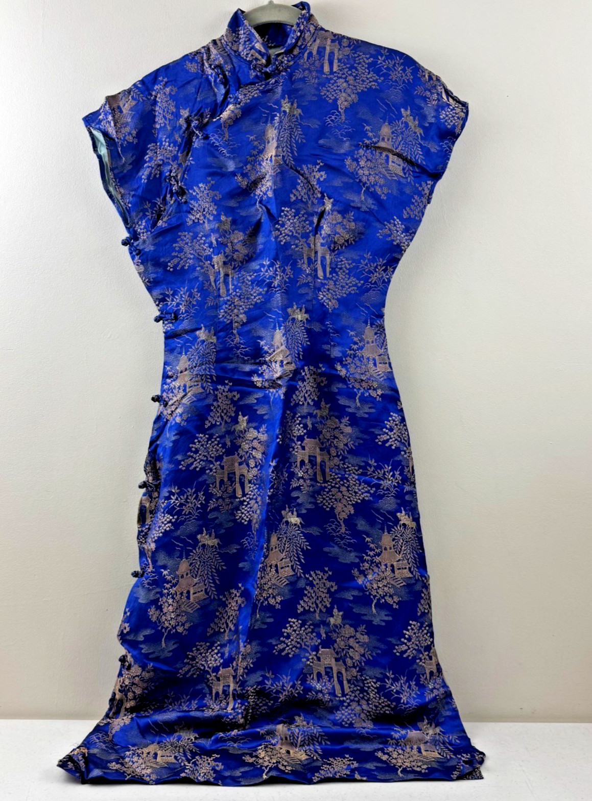 Vintage Blue & Gold Asian Brocade Cheongsam Dress With High Collar & Side Button