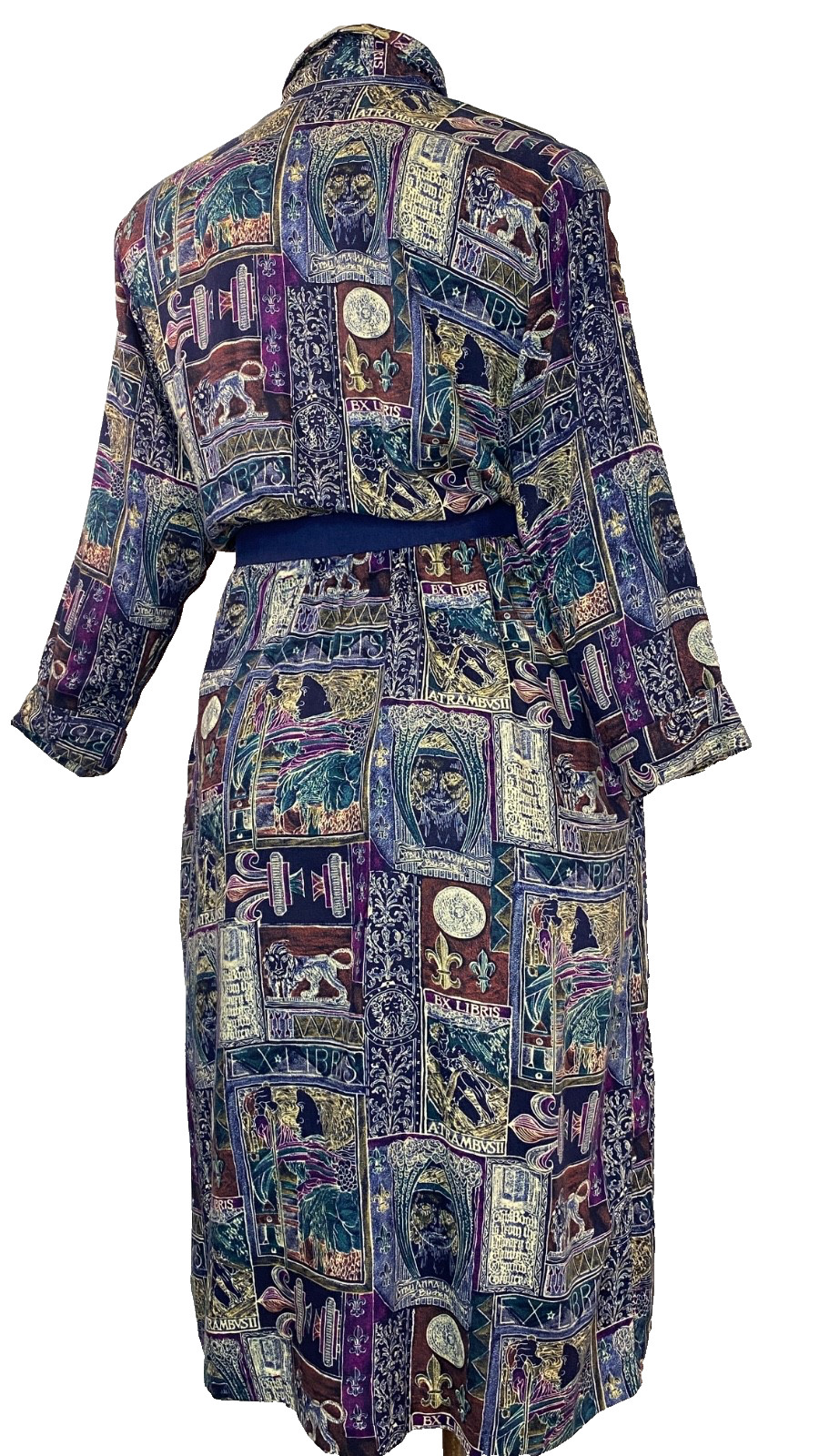Vintage 1980s novelty print midi dress XL rayon long sleeve plus size purple