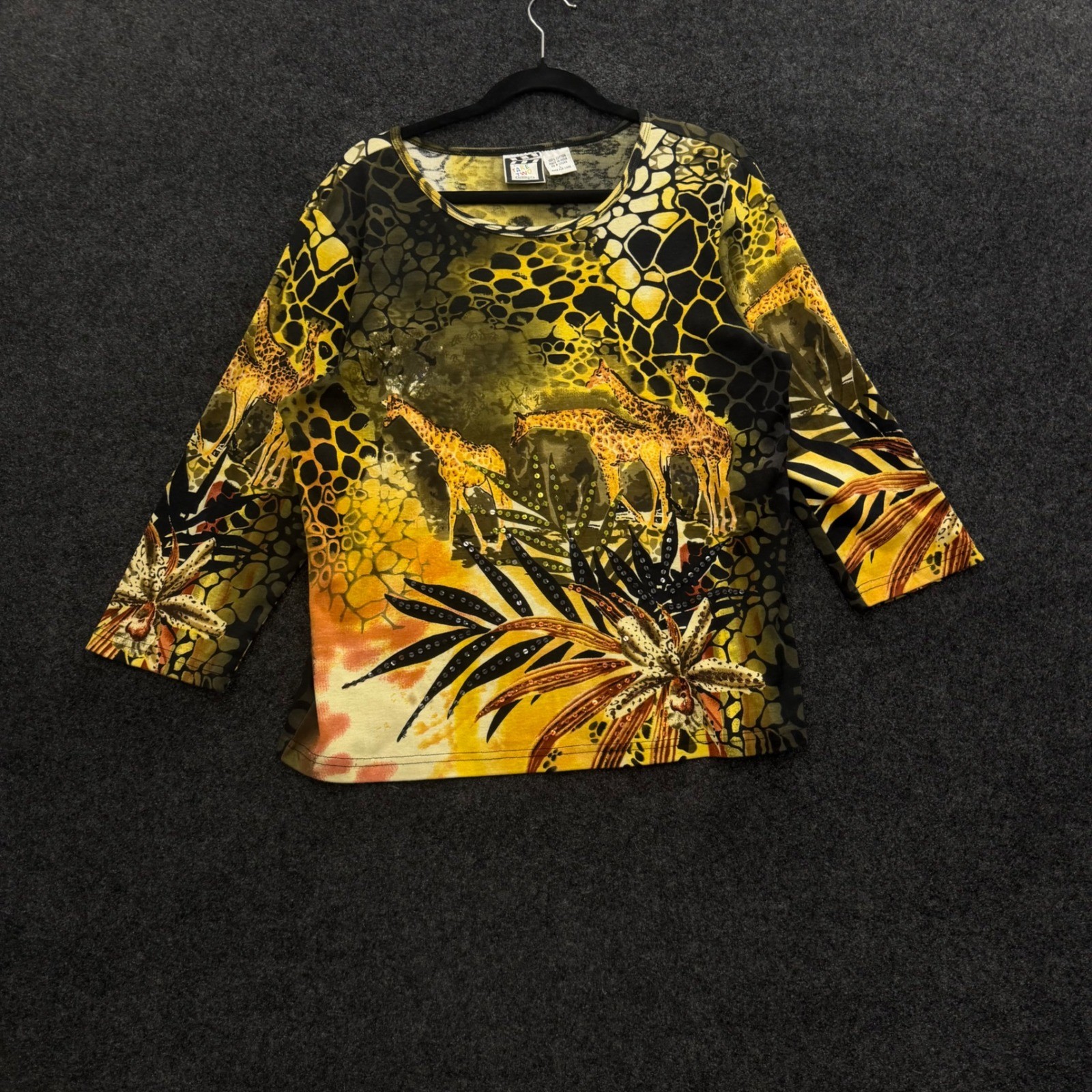 Vintage Take Two Clothing Co Giraffe Safari Print Cotton Top Women Large 90s 3/4