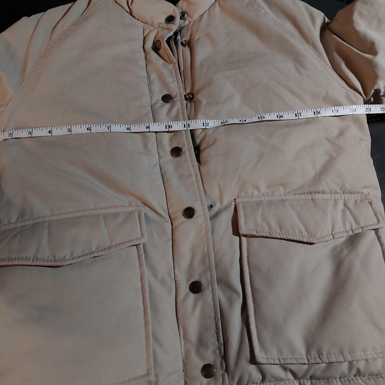 Vintage JCPenny tan and navy puffer with double zipper and removeable hood.