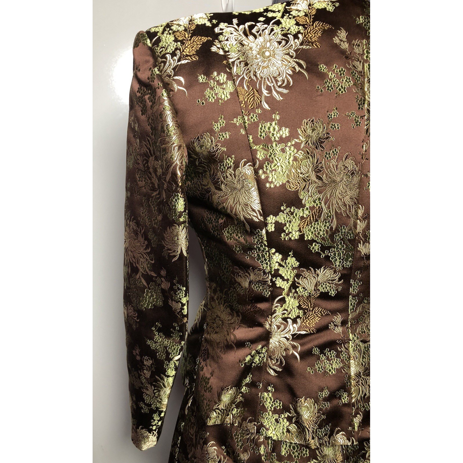 Vtg 70s 80s Brown Brocade Skirt Suit Metallic Floral XS S 2–4 Jacket Skirt Set