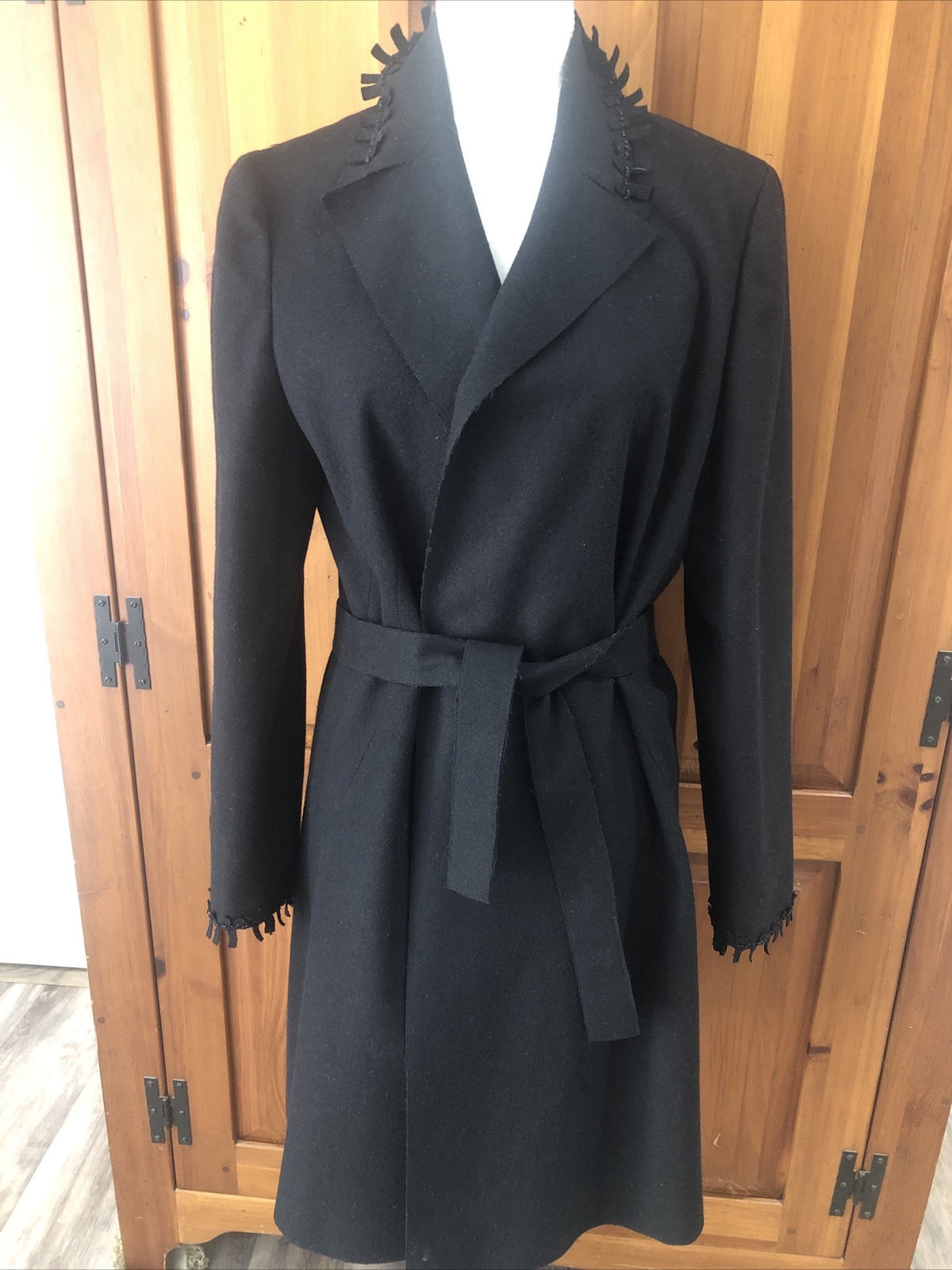 Valentino Miss V Vintage 80s Black Wool Felt Wrap Fringed Beaded Coat size 44 10