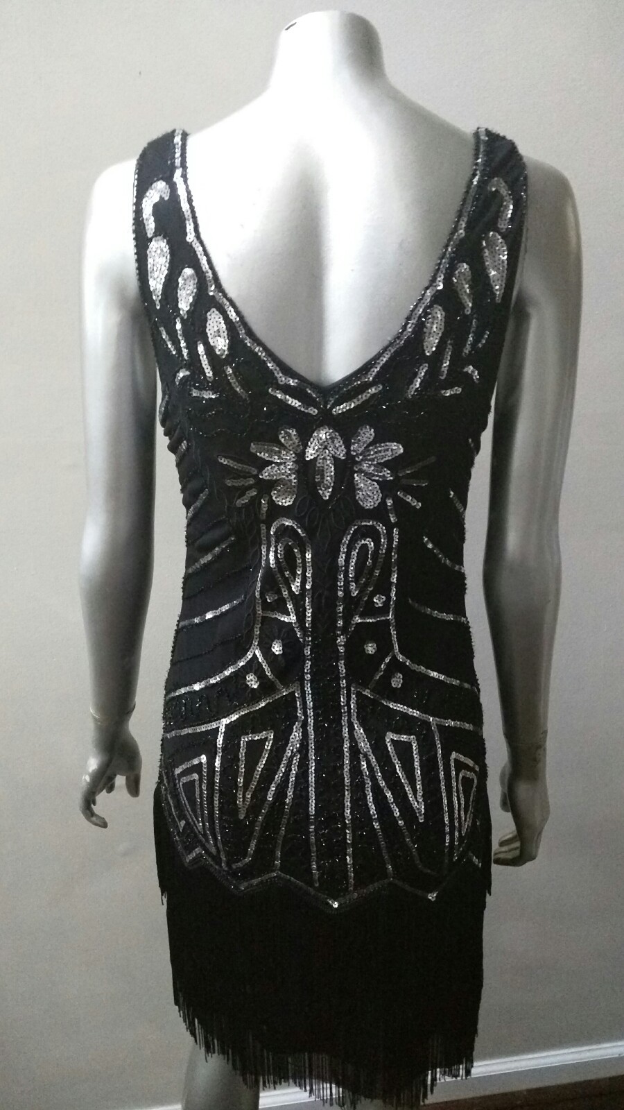 EMBROIDERED SILVER SEQUINS & BEADED OP ART TIERED FRINGED MOD FLAPPER DRESS S/M
