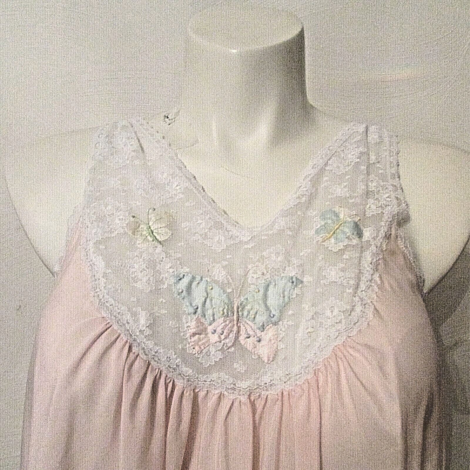 Corhan Noumair Silky Nylon Hand Embroidered Lace Bodice Nightgown Large USA made