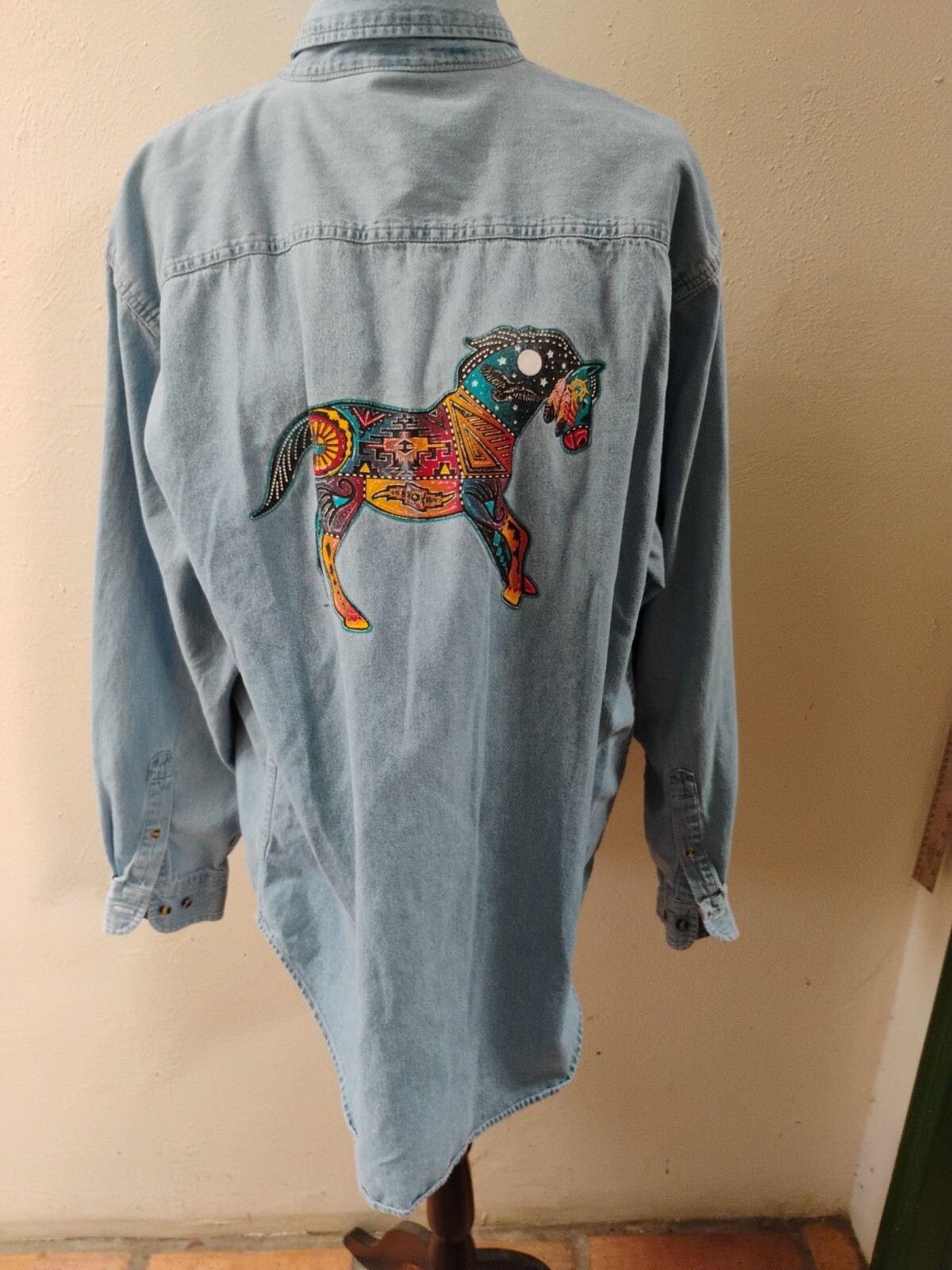 Horse Denim Shirt Adult XL Blue Equestrian Men Tribal Men 90s VINTAGE