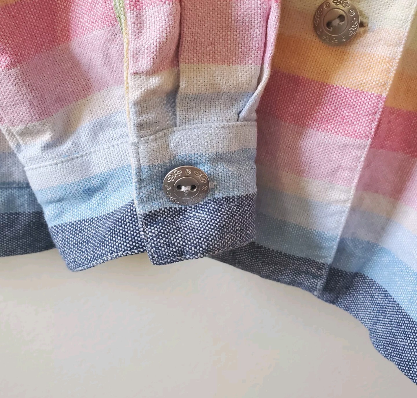 Retro Pastel Rainbow Strip Linen Blend Shirt Jacket 18 Pocket Festival Coachella