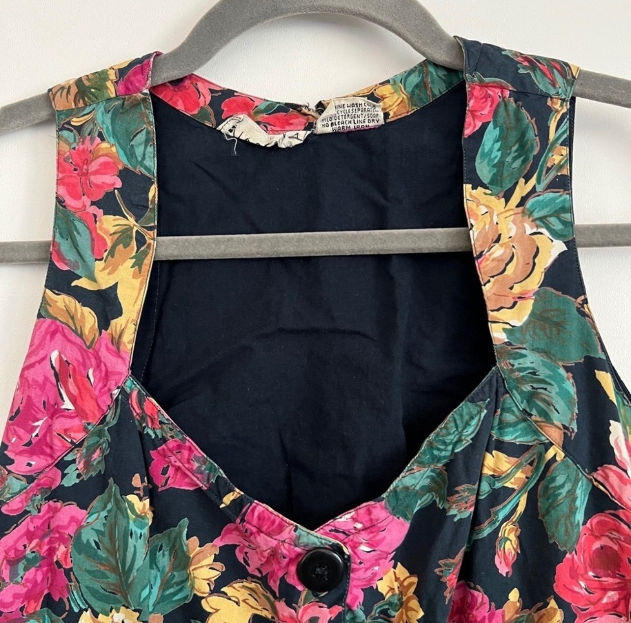 Vintage 90s Floral Button Front Dress Starina Medium Black Fit Flare Cottagecore