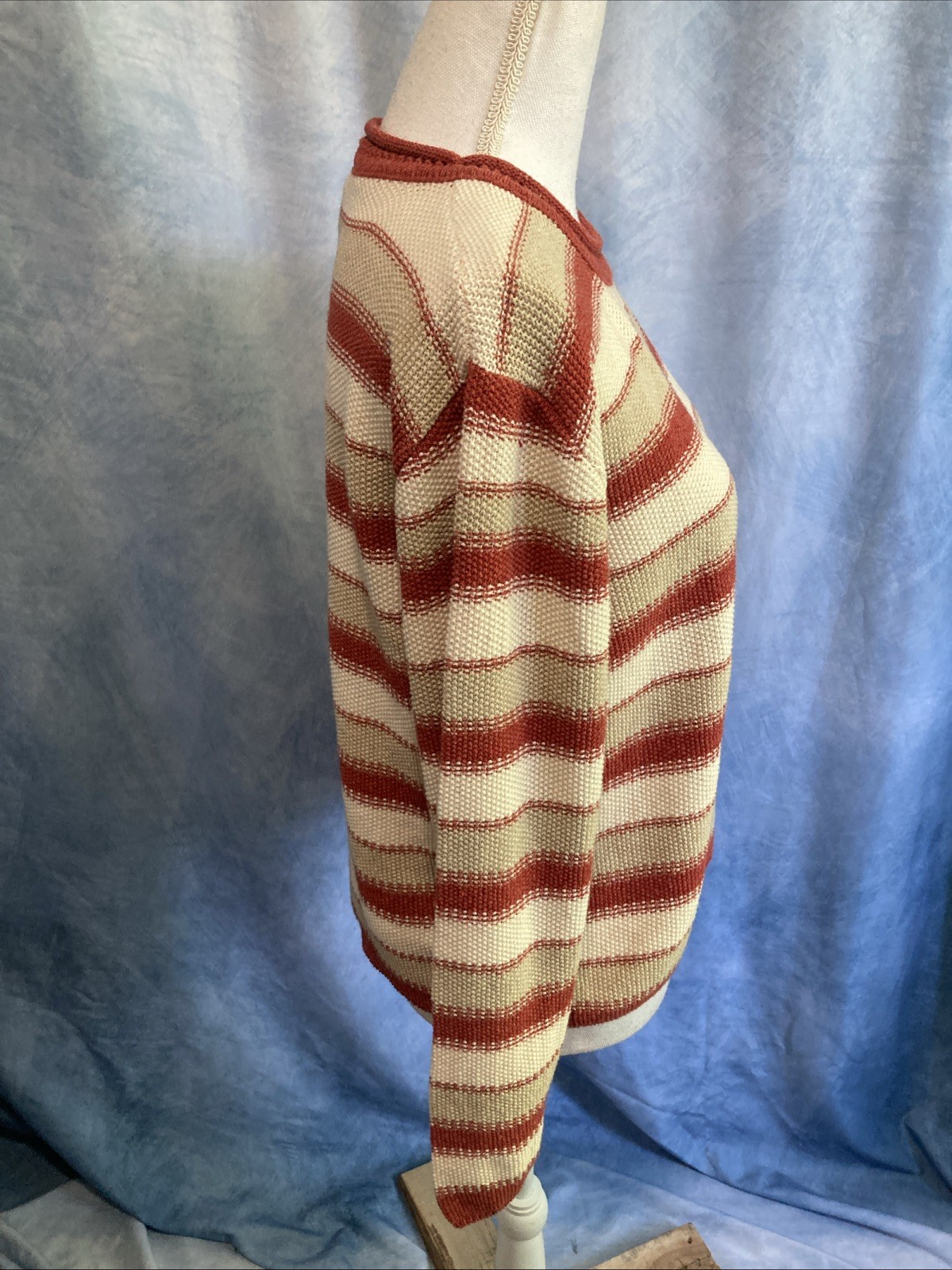 Vtg 90s Forever Creative Knit Striped Sweater Red Cream Cropped Cotton USA Indie