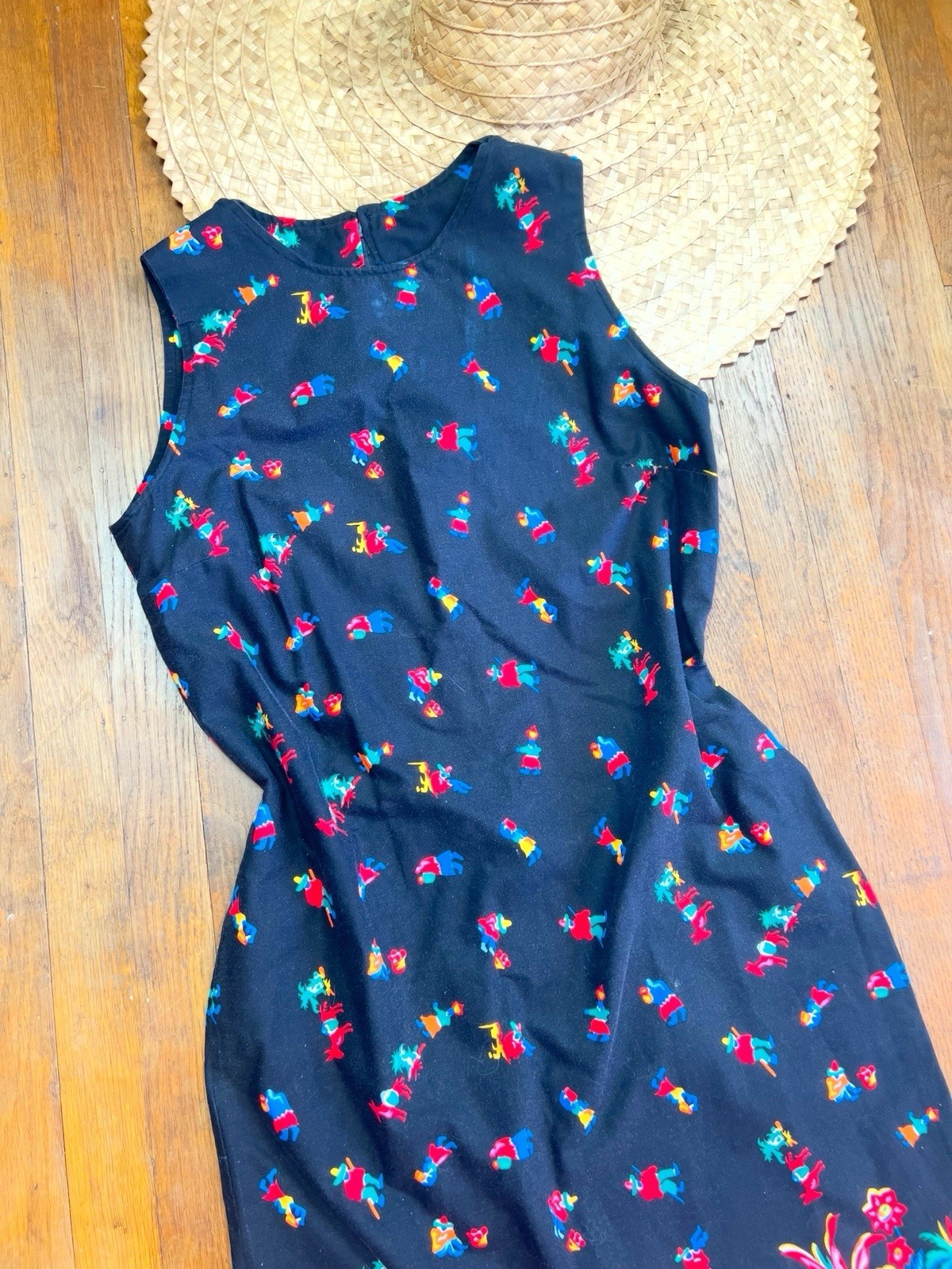MEXICAN NOVELTY Print 60s 1960’s Vintage Black Cotton Shift Sundress Dress M 36b