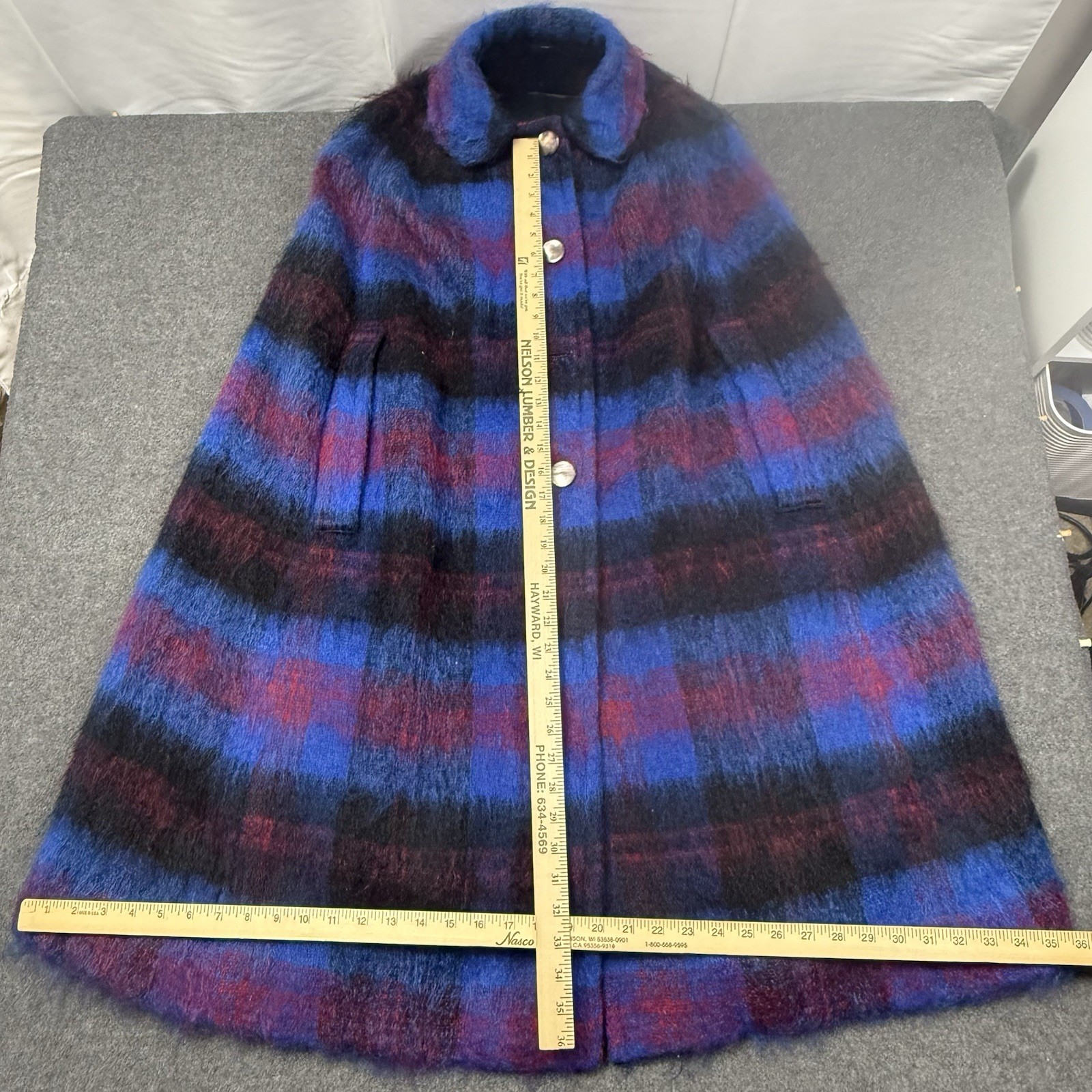 Vintage Scotch House Plaid Wool Cape Coat Blue Purple Swing Lined