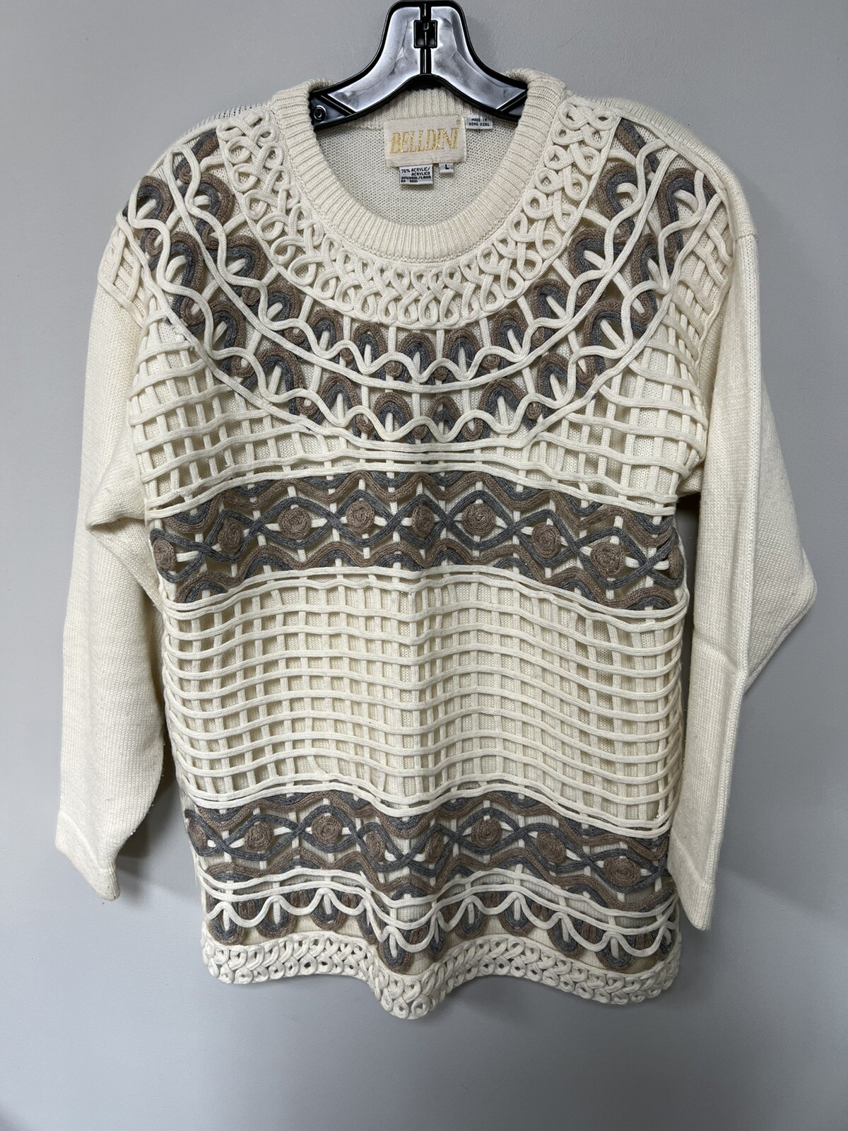 BELLDINI Vtg 80s Wool & Acrylic Pullover Size Large Hong Kong Shoulder Pads Read