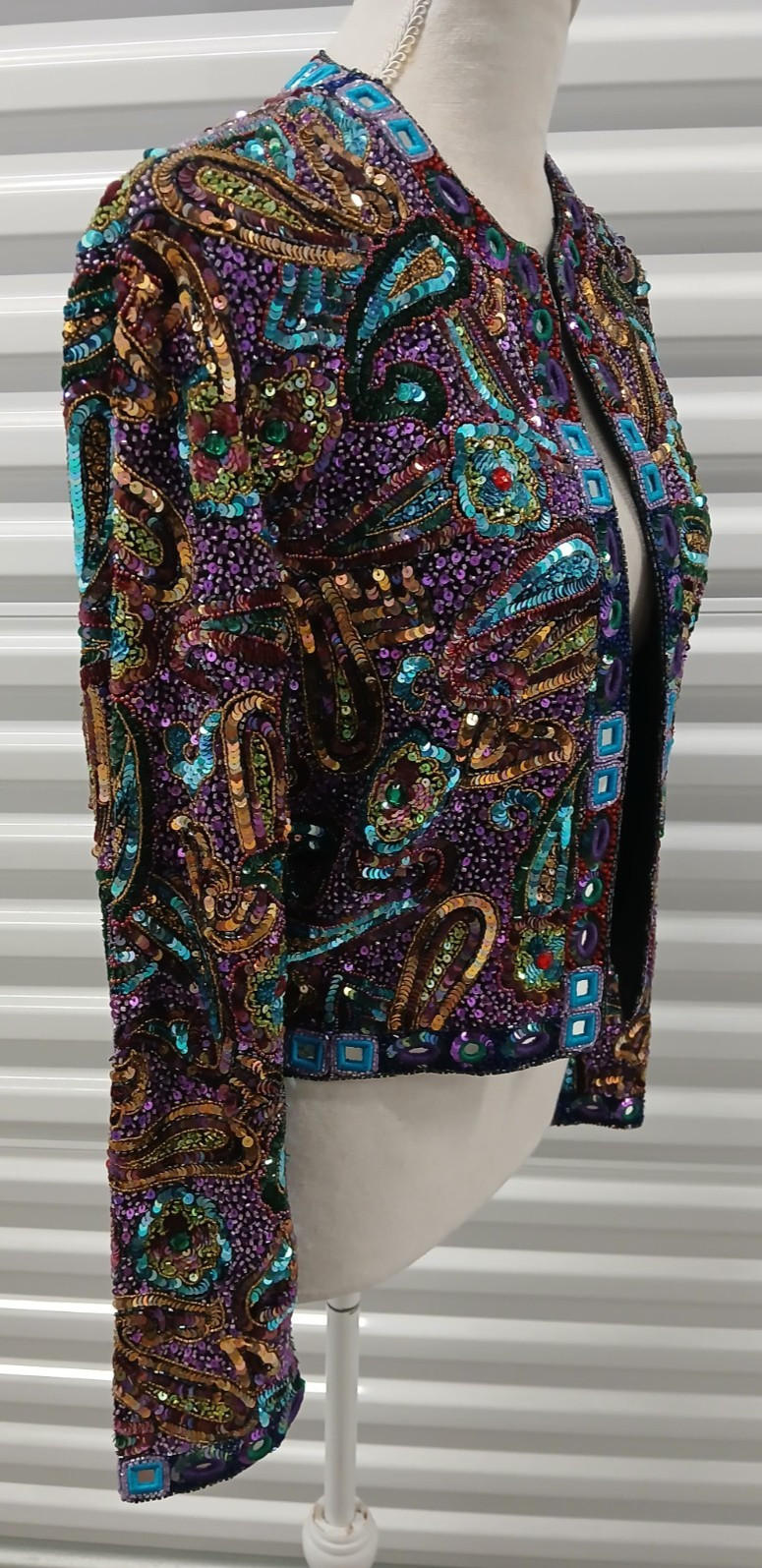 VTG Troy Trophy Bolero Jacket Cropped Beaded Sequin Mirror Art Wear Sz S Boho