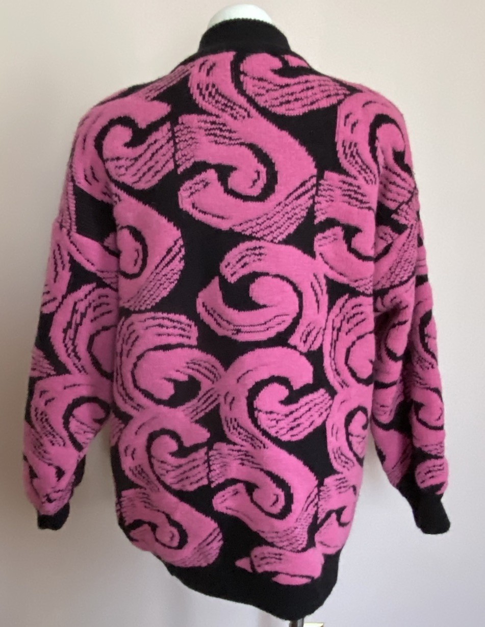 VTG 80’s Premiere Fuzzy Wool Blend Black pink Sweater Coat Jacket Cardigan L/XL